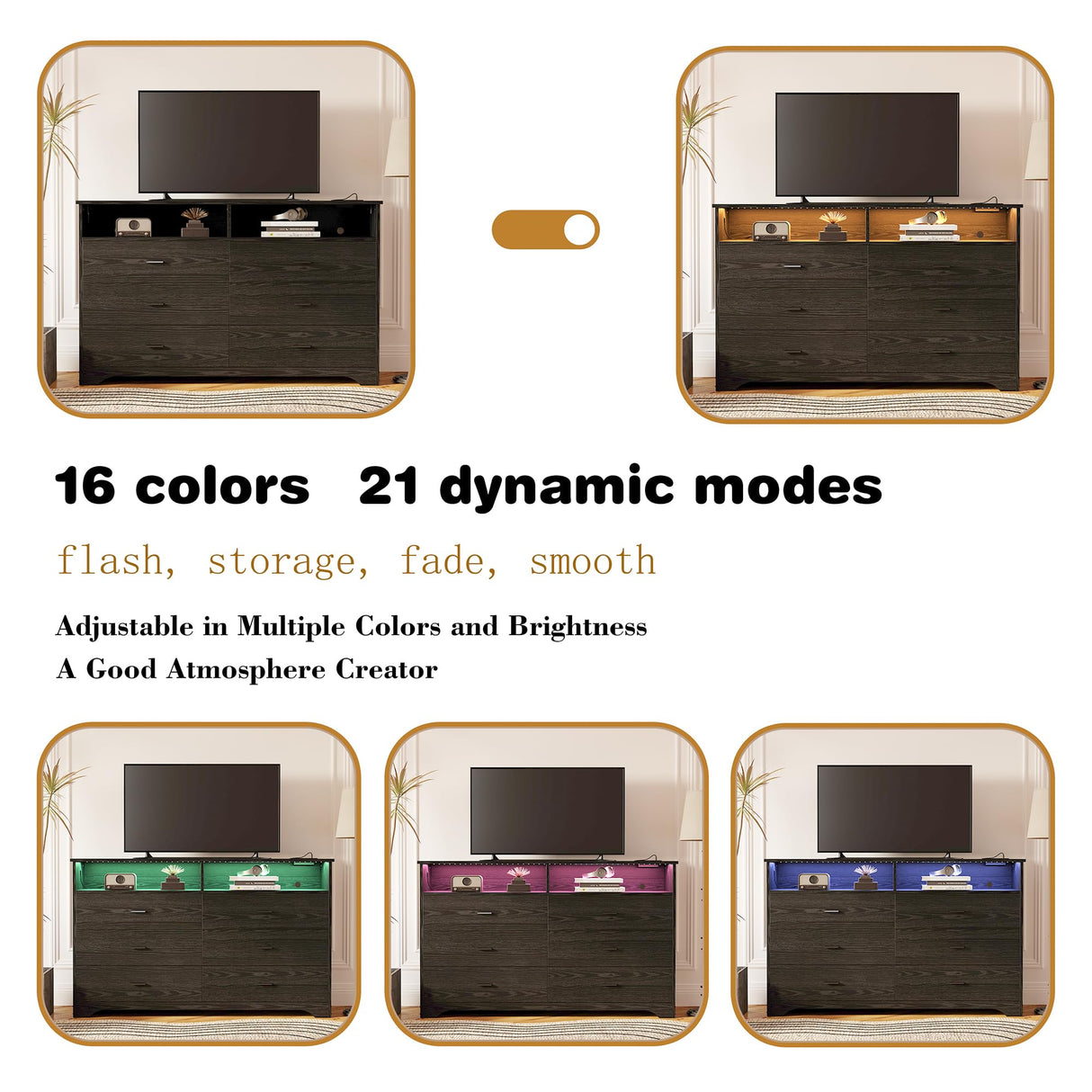 LIKIMIO 6 Drawer 59" Black Dresser with LED and Power Strip, Dressers & Chests of Drawers with Storage Cabinet for Bedroom LIKIMIO