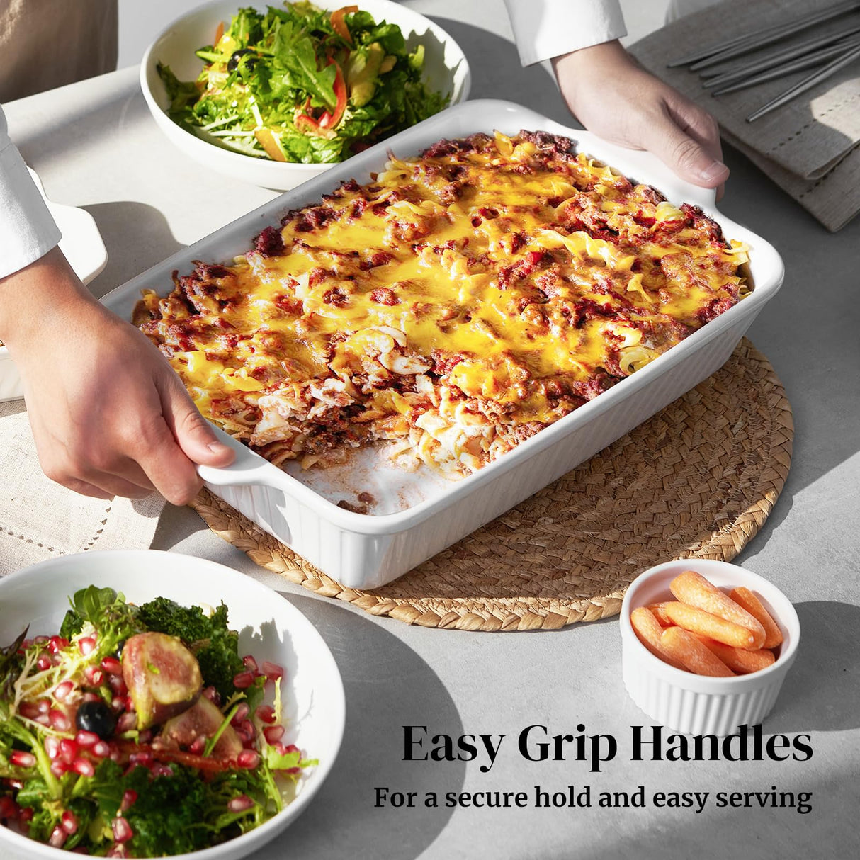 DOWAN Casserole Dishes for Oven, Baking Dishes Set, Ceramic Bakeware Sets of 3, Lasagna Pan Deep, Rectangular Baking Pan Set with Handles for Baking, Casserole, Kitchen, Wedding Gift, White (15.6''/12.2''/8.9'') DOWAN