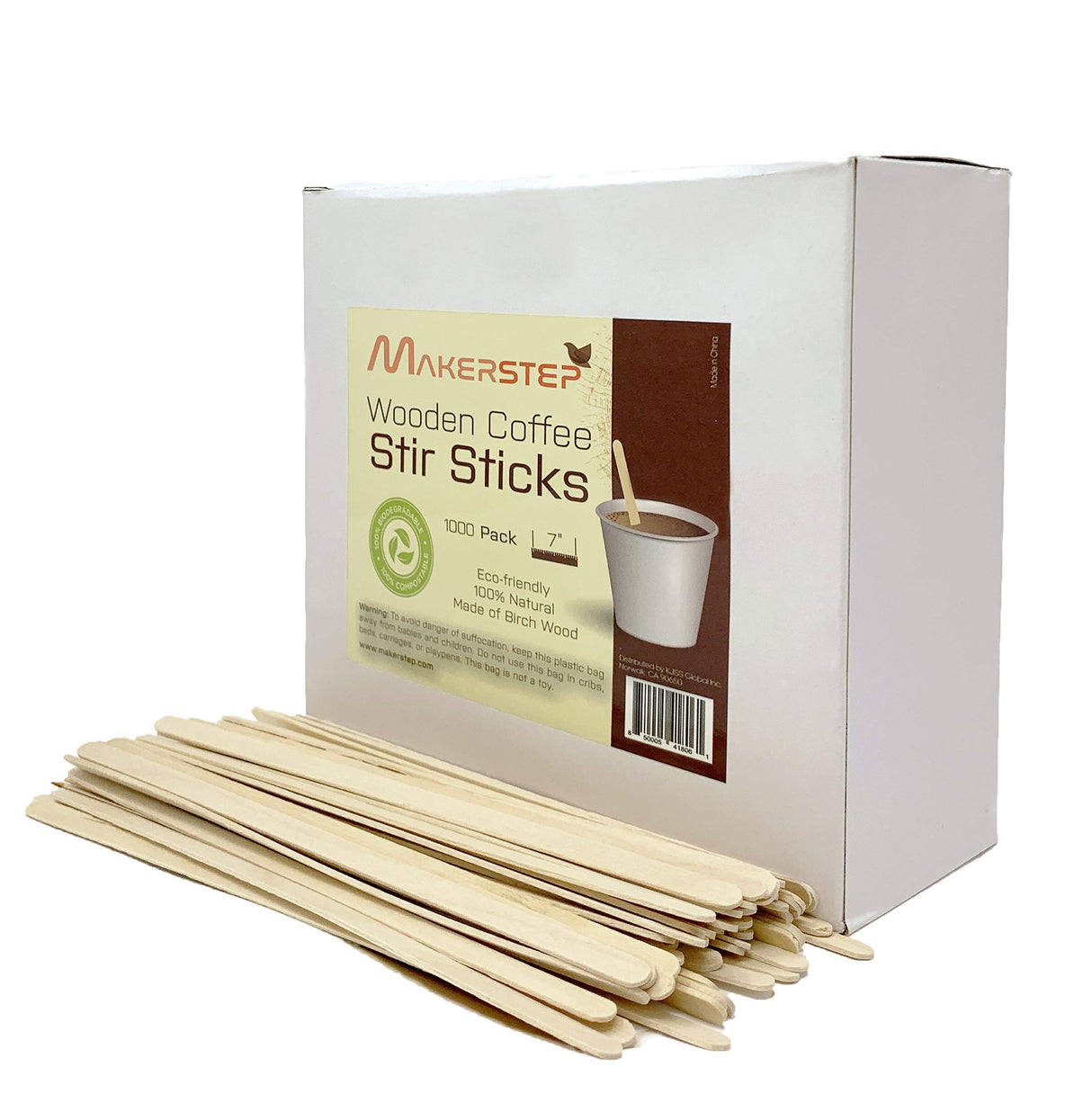Makerstep 1000 Birch Wood Coffee Stirrers, 7 Inch Coffee Stir Sticks, Eco-friendly, Sturdy Wooden Sticks. Splinter Free, Round End. For Tea, Beverage, and Popsicle. Makerstep