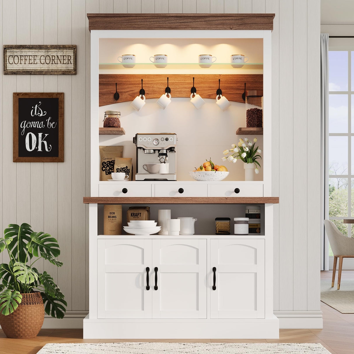 Coffee Bar Cabinet with LED Light, 72" Tall Farmhouse Coffee Bar Hutch with Storage, Sideboard Buffet Cabinet with Microwave Stand/Glass Shelf/6 Hooks/3 Drawers for Kitchen Living Dining Room, White GarveeHome