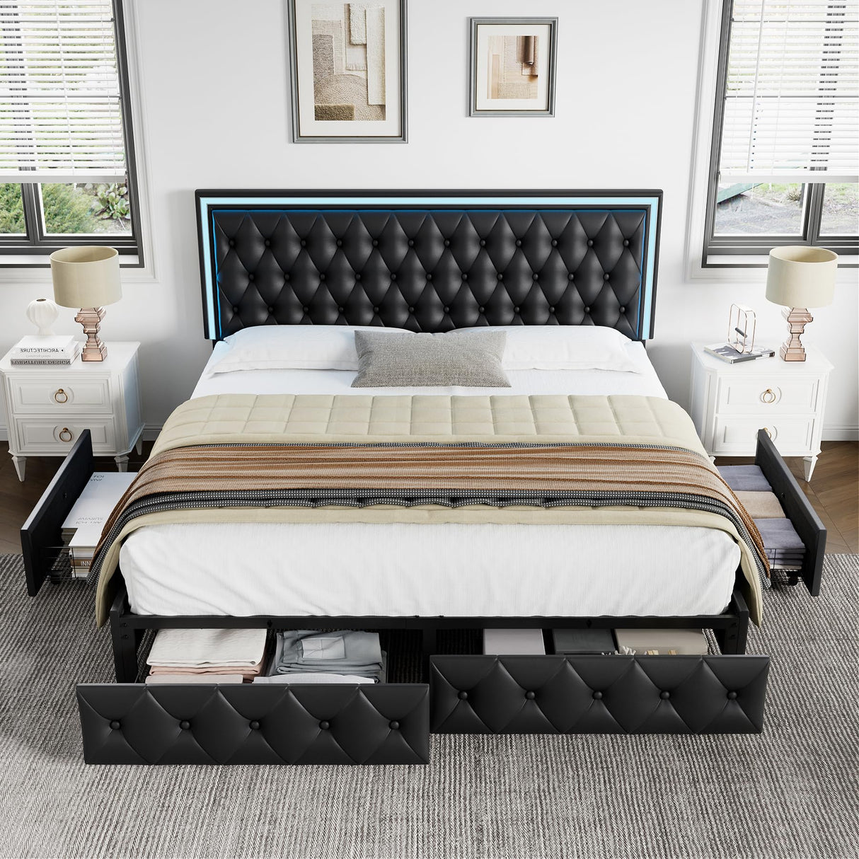 Keyluv Queen Upholstered LED Bed Frame with 4 Storage Drawers and Adjustable Tufted Headboard, Black Keyluv
