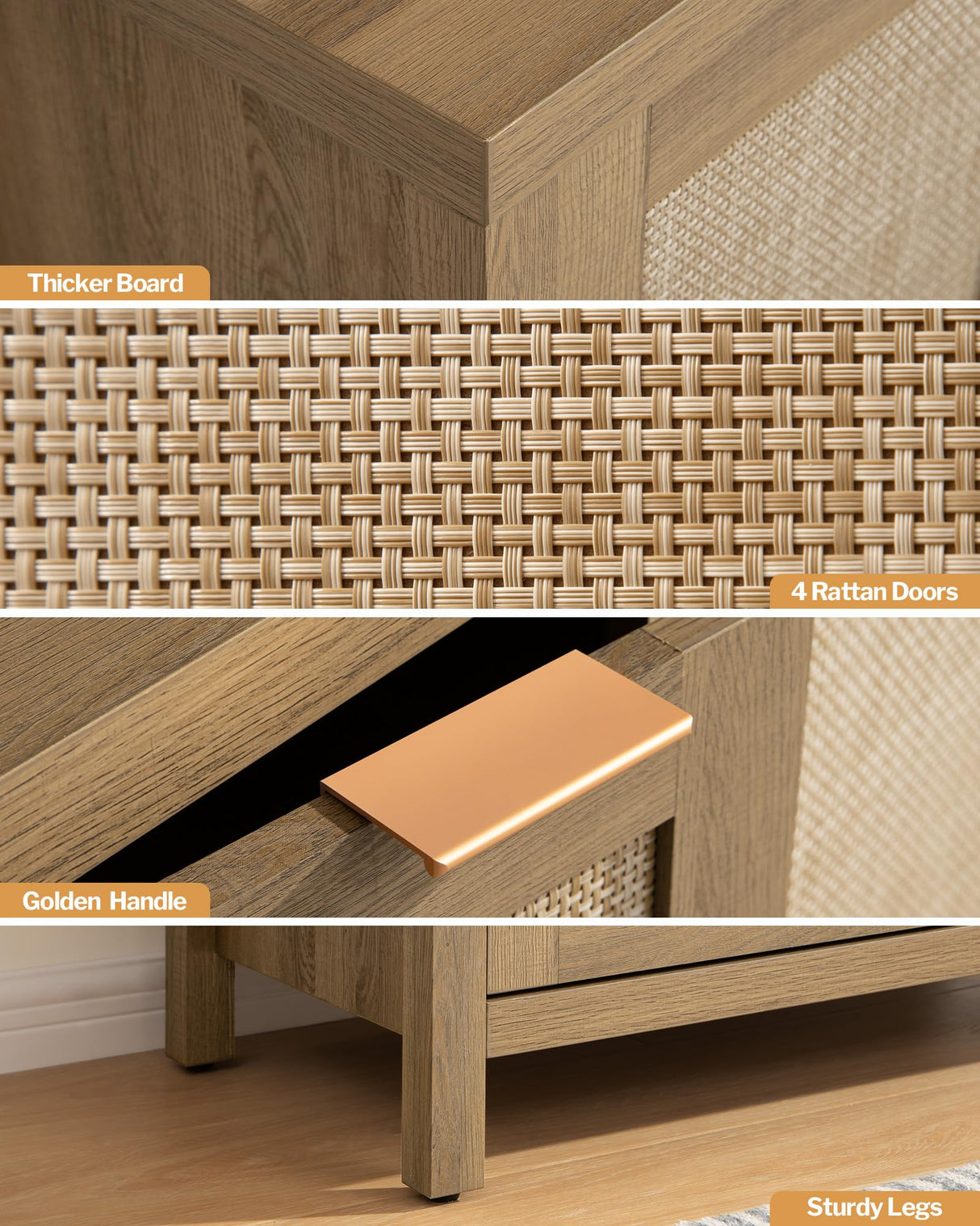 SICOTAS Rattan Pantry Kitchen Storage Cabinet: Tall Pantry Cabinet with Rattan Door, Steel Mirror, Power Outlet, Boho Large Freestanding Cupboard Wood Cabinet for Kitchen, Dining Room, Natural Oak SICOTAS