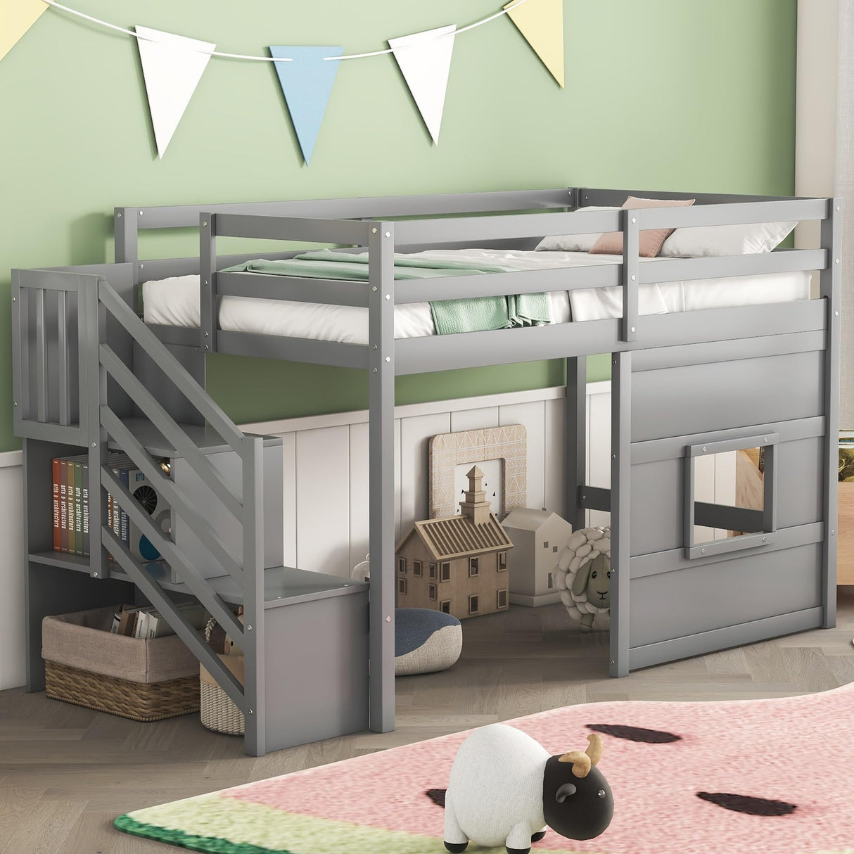 Harper & Bright Designs Grey Twin Size Low Loft Bed with Stairs and Playhouse Window Harper & Bright Designs