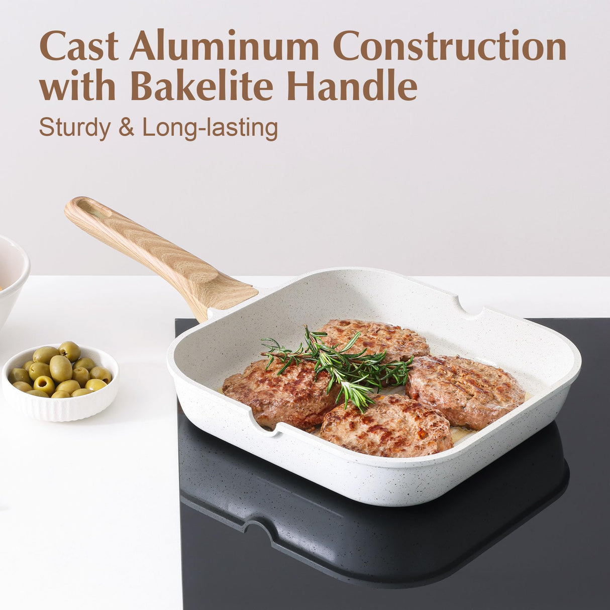 SENSARTE Nonstick Ceramic Grill Pan for Stove Tops, Versatile Square Grilling Pan with Pour Spouts, Durable Grill Skillet for All Stoves, Steak Pan Bacon Pan, Non Toxic-PTFE,PFAS,PFOA Free, 11 Inch SENSARTE