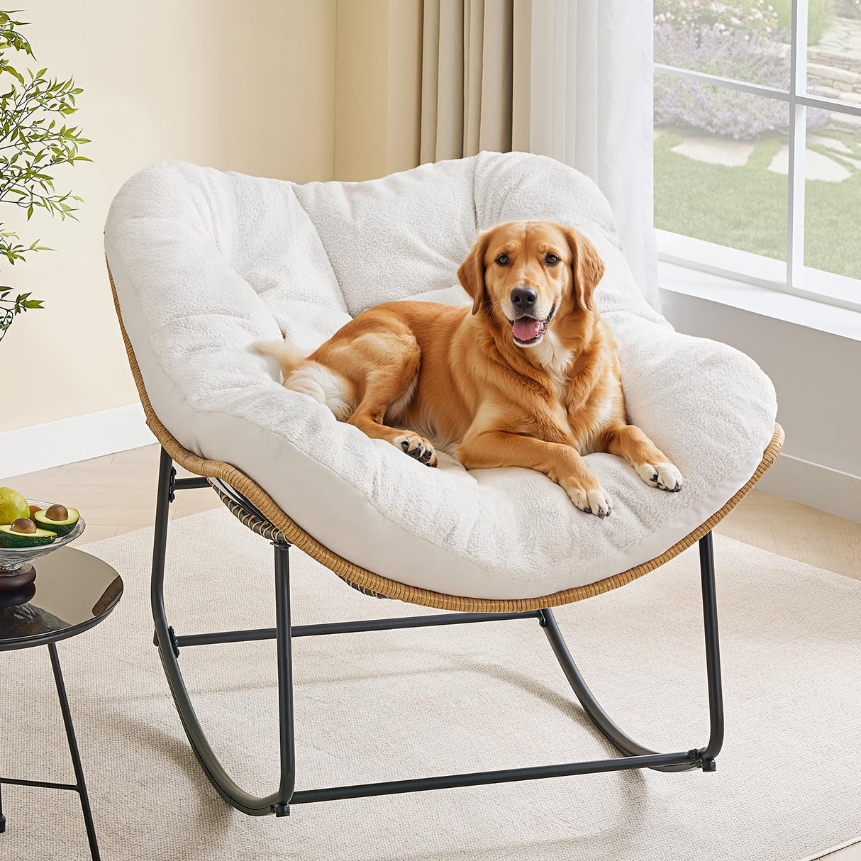 ONBRILL Outdoor Rocking Chairs, Oversized Papasan Rocking Chair Indoors with Padded Cushions, Rattan Wicker Lounge Chair for Living Room, Porch, Patio, Garden ONBRILL