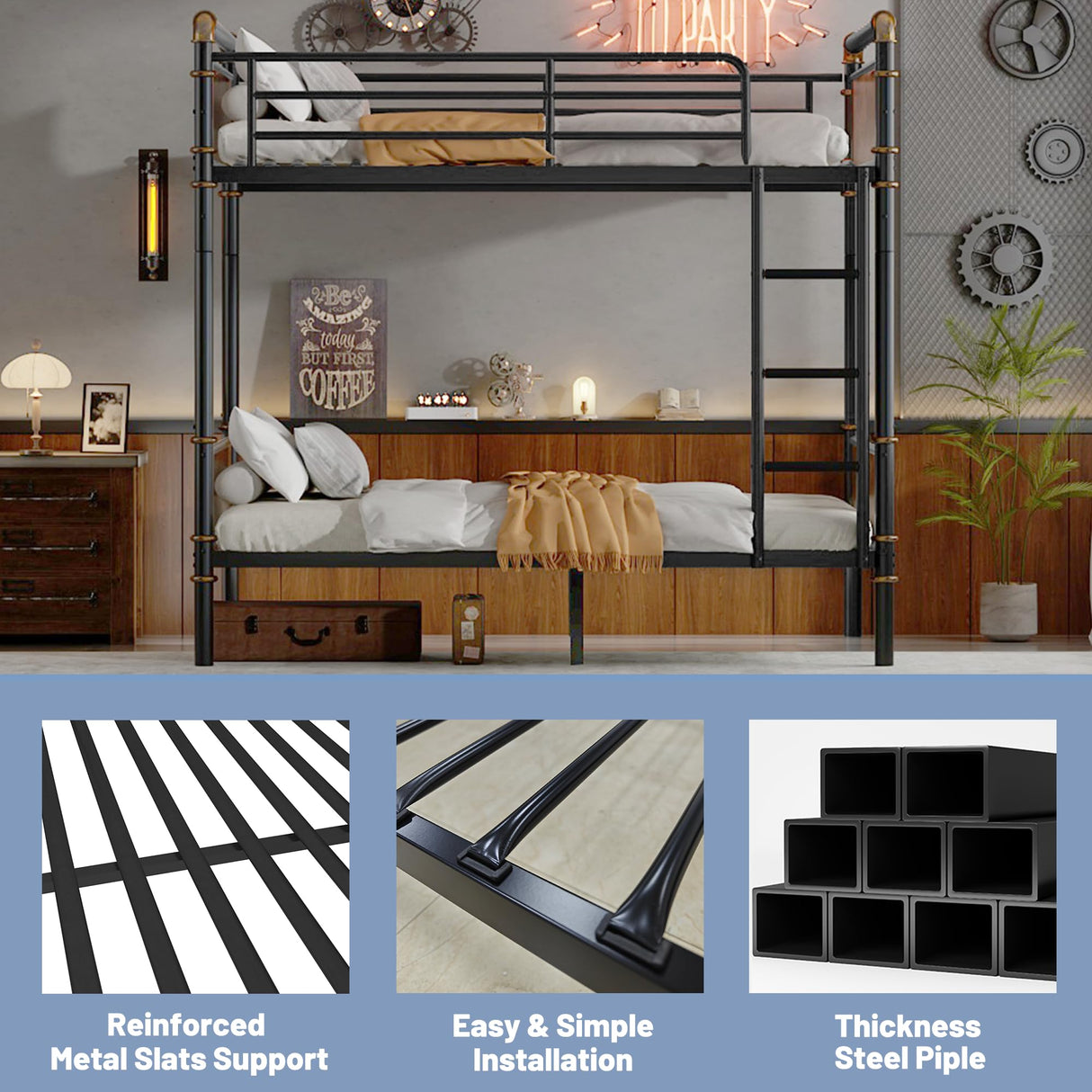 Twin XL over Twin XL Bunk Beds for Kids and Teens , Industrial Heavy-Duty 2 IN 1 Metal Convertible Bunk Bed with Ladder and Slats Support ,15.9" High Guard Rail,Space-Saving ,Noise Reduced,Black Mirightone