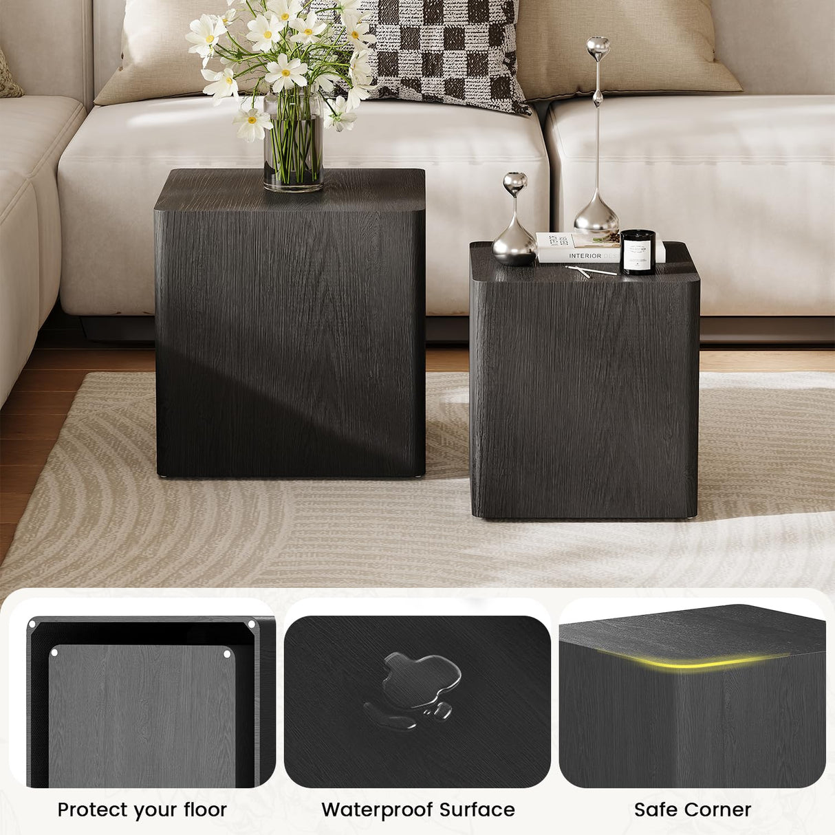UNDUSLUY Nesting Coffee Table Set of 2, Modern Coffee Table and End Table Sets, Small Wooden Nesting Side Tables for Living Room Bedroom Apartment(Black) UNDUSLUY