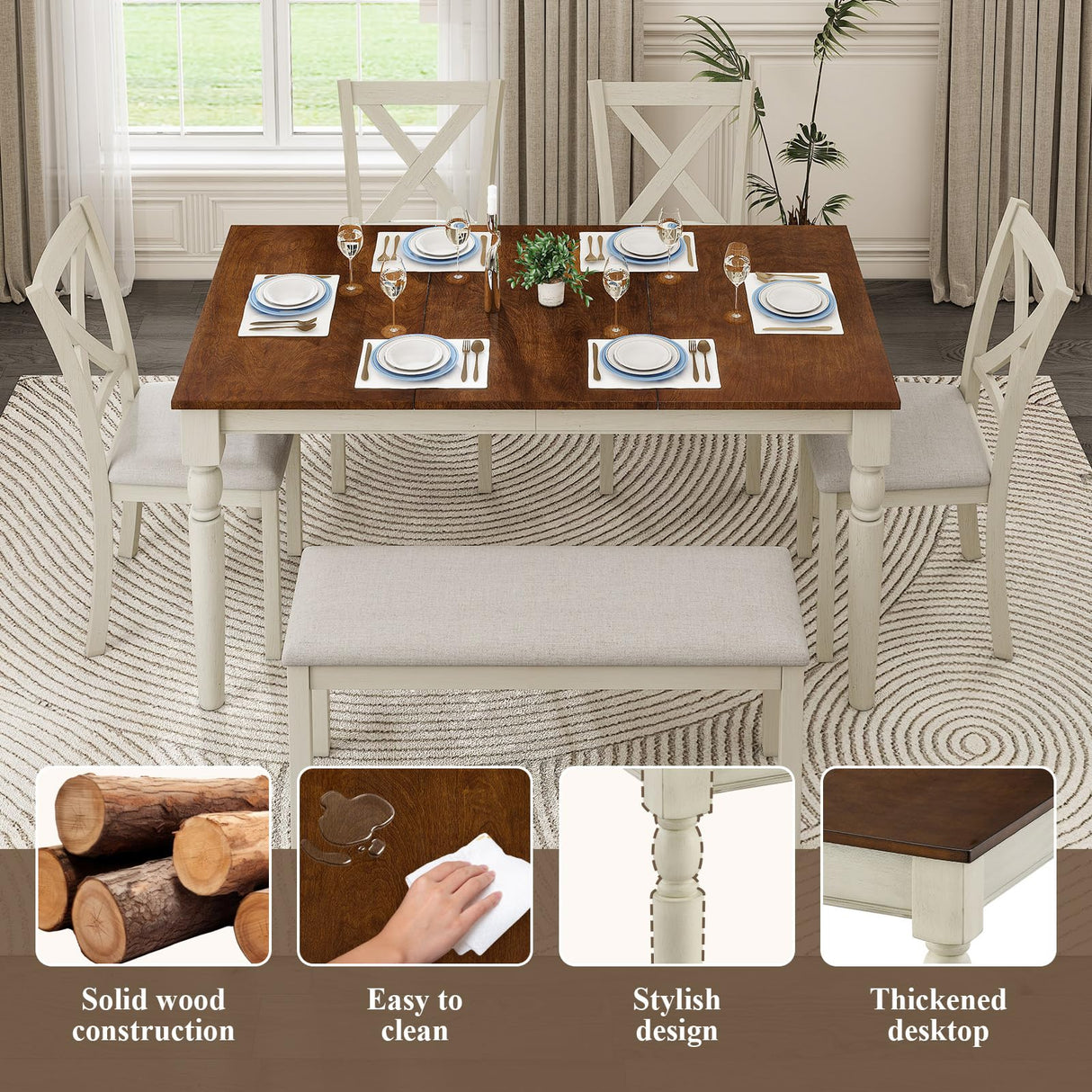 LUXOAK 6-Piece Dining Table Set for 6 People, Solid Wood Table & Upholstered Chair Set w/Bench Seat, Farmhouse Wood Kitchen Table Chairs Set for Living Room, Dining Room, Off White+Brown LUXOAK