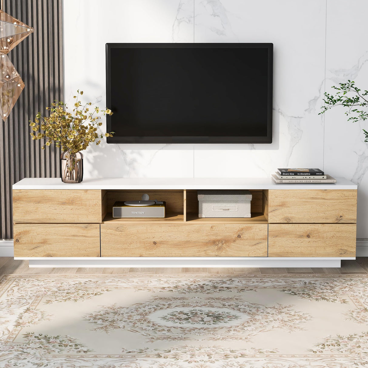 Merax Wood TV Stand Entertainment Center with Storage Cabinets & Open Shelves, Modern TV Console Table for TVs Up to 80” for Living Room Bedroom (Natural) Merax
