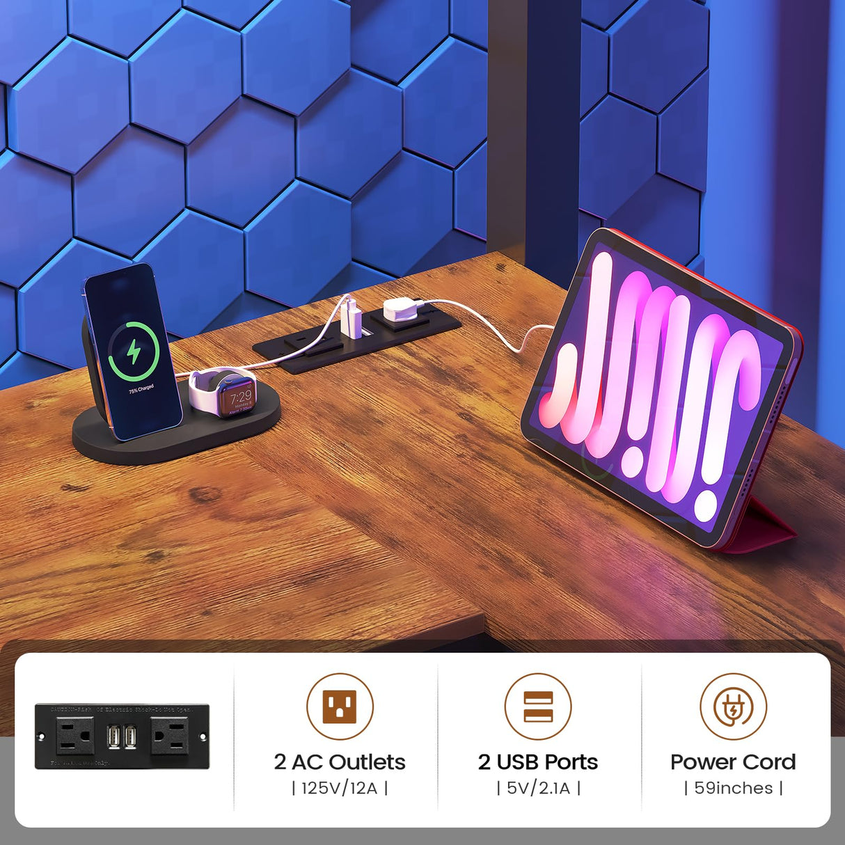 Itaar Stairway Twin Size Loft Bed with L Shaped Desk and Wardrobe, Metal Loft Bed Frame with Storage Stairs, 3 Fabric Drawers, LED Lights & Charging Sation, Rustic Brown Itaar