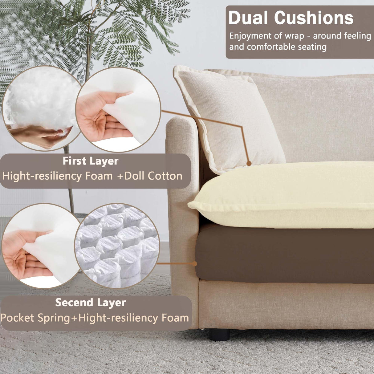 Modular Sectional Sofa, 111.53" L Shaped Chenille Comfy Sectional Couches for Living Room, 3-Seater Cloud Couches with Movable Ottomans, Flexible Combination Modern Deep Seat Sofa (Light Coffee) Ravy Concept