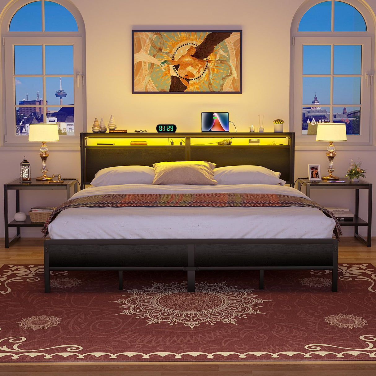 Homieasy Industrial King Size Bed Frame with Smart Charging Station and LED Lights Homieasy