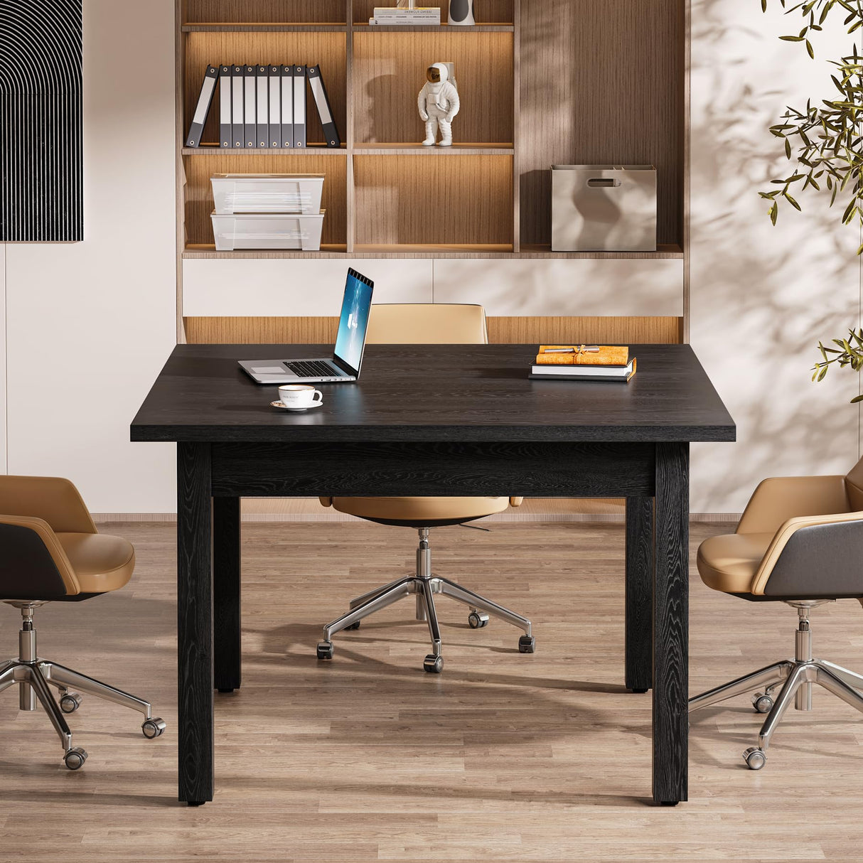 Tribesigns 39.4-Inch Square Conference Table for 4 People, Small Wooden Meeting Room Table with Solid Wood Legs and Thicken Tabletop for Conference Room Seminar Room Boardroom, Black Tribesigns