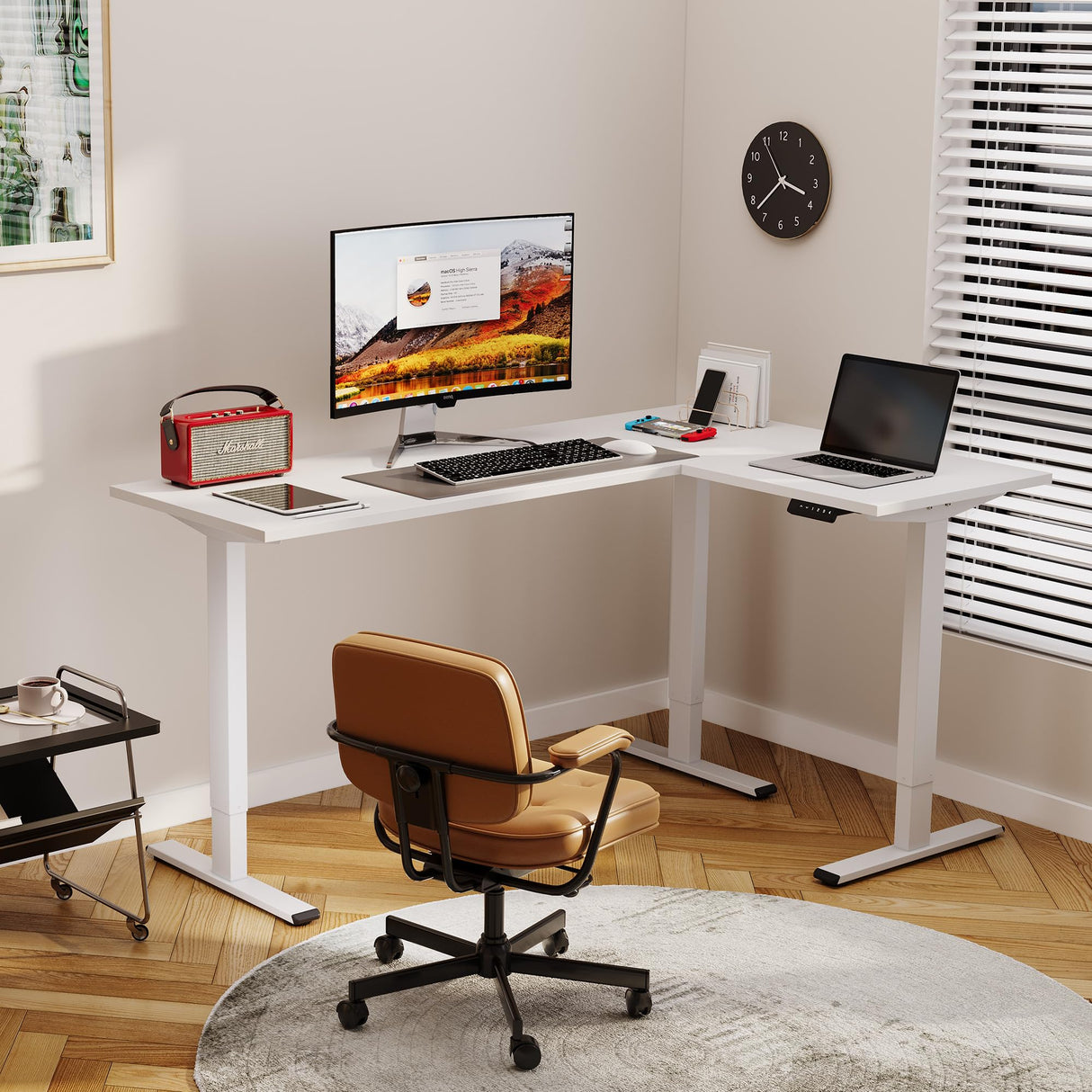 SANODESK L Shaped Standing Desk, Electric Standing Gaming Desk Adjustable Height, Corner Stand up Desk with Splice Board, White SANODESK