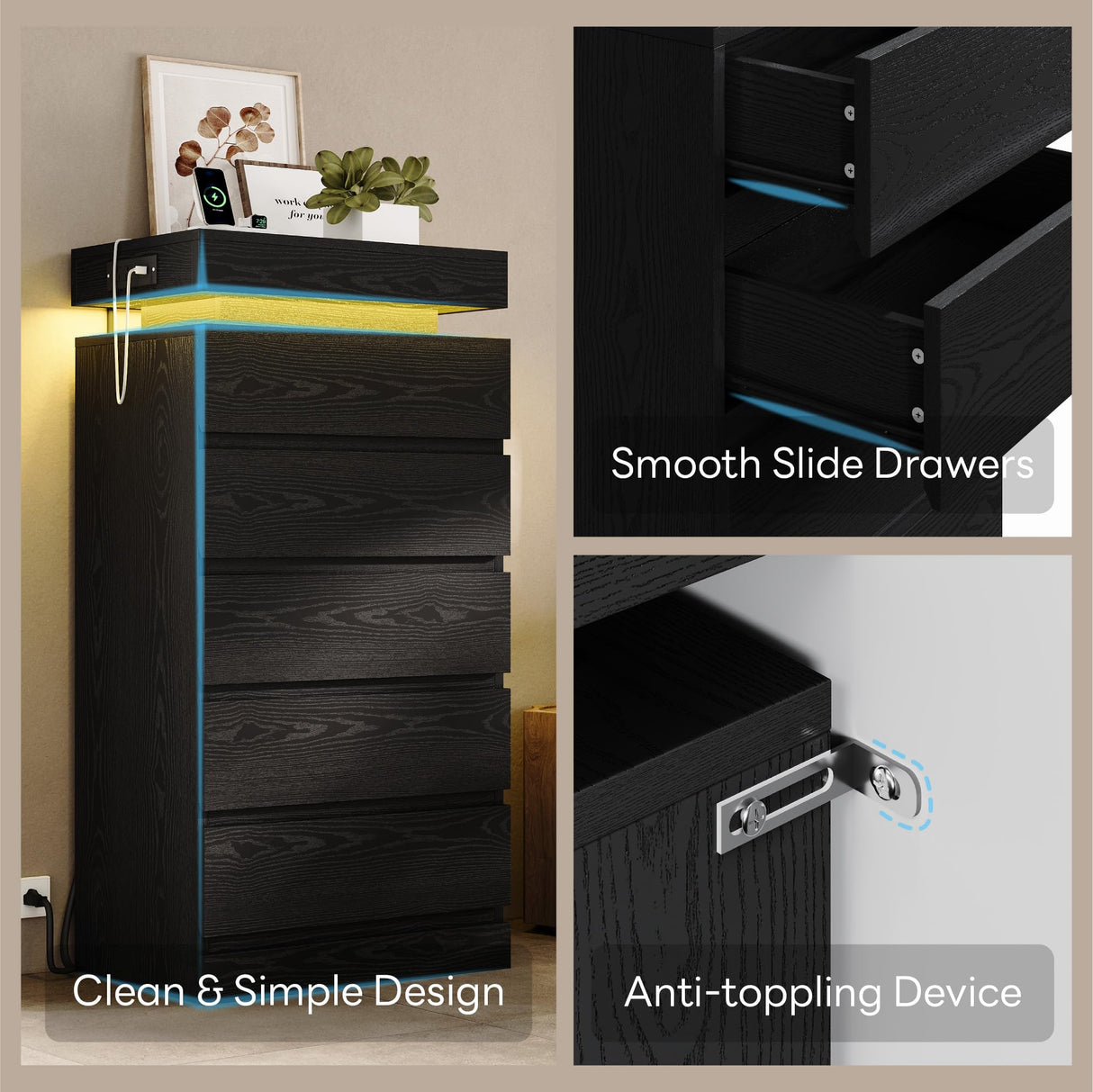 LIKIMIO 54" Tall 5 Drawer Dresser for Bedroom, Black Dresser with LED Light and Power Outlet, Wood Modern Chest of Drawers for Living Room, Entryway, Hallway LIKIMIO