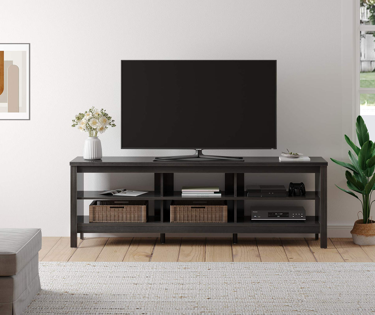 FITUEYES Farmhouse TV Stand for TVs up to 75 Inches, Black Entertainment Center for 80 inch TV Console Table with 6 Cubby Storage for Living Room Bedroom, 70'' FITUEYES