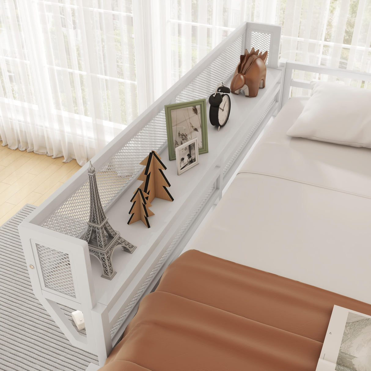 KEIKI Full Size Metal Loft Bed Frame with Ladder and Built-in Storage Shelves, for Teens, Modern Style Loft Bed with Solid Slats, Guardrail, No Box Spring Required, Easy Assembly, for Bedroom, White KEIKI