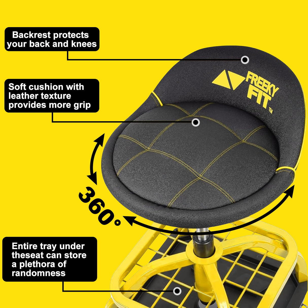 FreekyFit Rolling Shop Stool with Wheels, Garage Work Mechanic Stool with Backrest, Roller Mechanic Chair, Adjustable Height, 360° Swivel, Tool Tray Storage, 330 LBS Capacity, Heavy Duty, Yellow FreekyFit