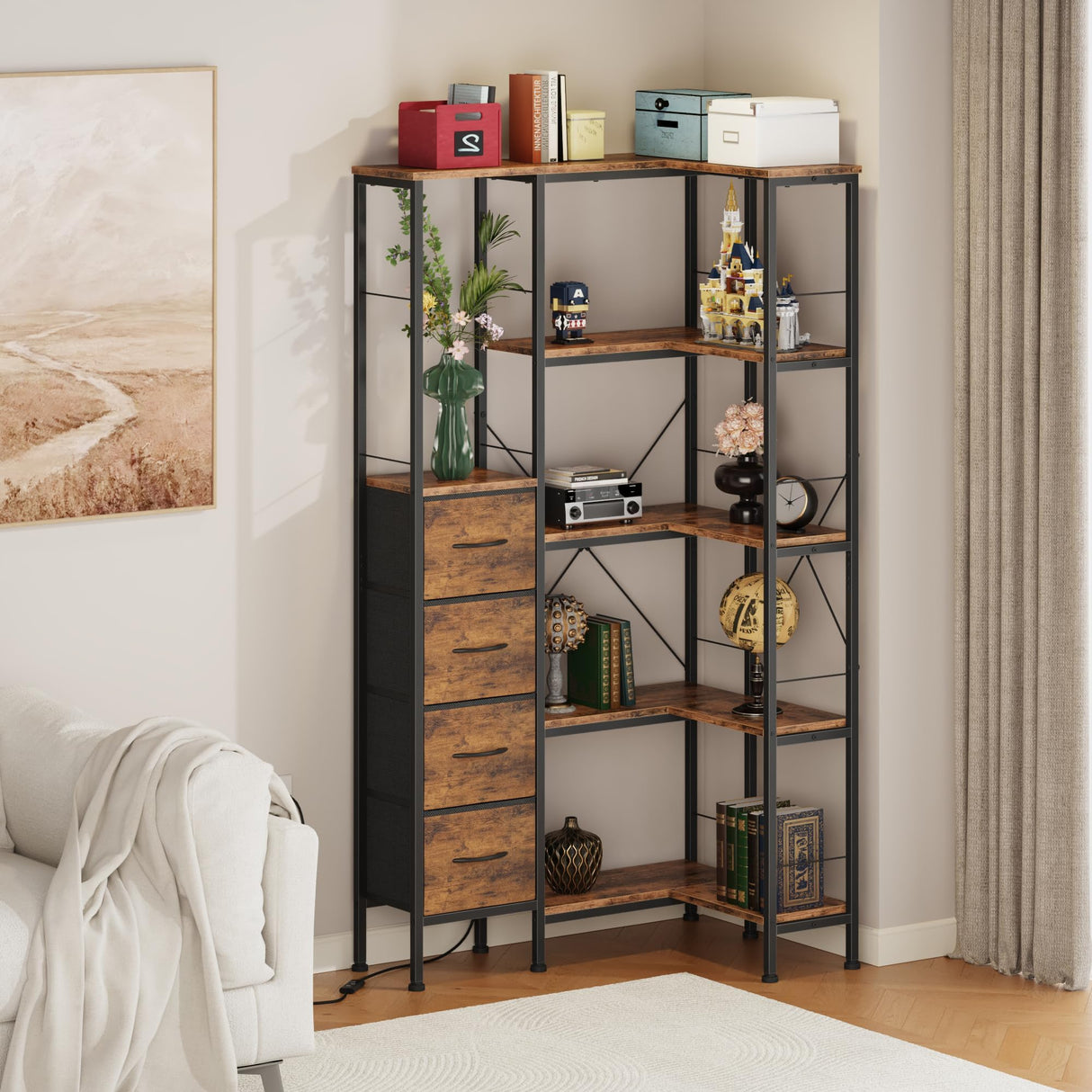 AFLUI Corner Bookshelf with LED Light Strips & 4 Fabric Drawers, 5-Tier Convertible Corner Shelf with Display Shelf, Large Wood Industrial Bookcase for Living Room, Bedroom, Home Office, Rustic Brown AFLUI