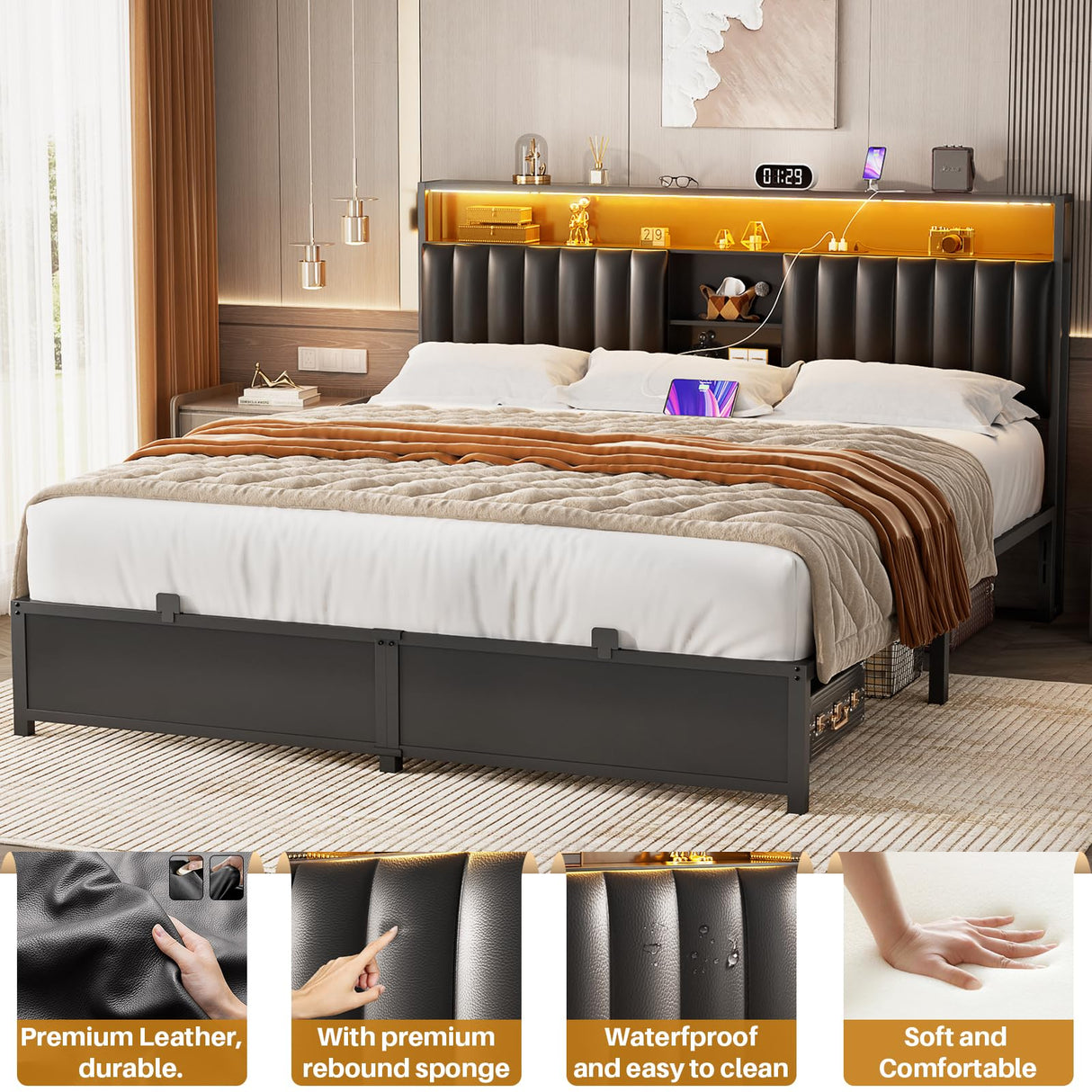 Aheaplus King Size Bed Frame with Charging Station & LED Lights - Upholstered Platform Bed with Storage and Metal Slat Support, Noise-Free Design in Black Oak Aheaplus