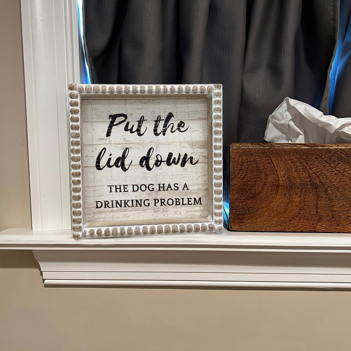 Please Close the Lid the Dog Has A Drinking Problem Funny Bathroom Signs, 6.3" White Decorative Plaque Dog Home Rustic Farmhouse Bathroom Shleves Decor, Wooden Framed Small House Decorations Fenisam