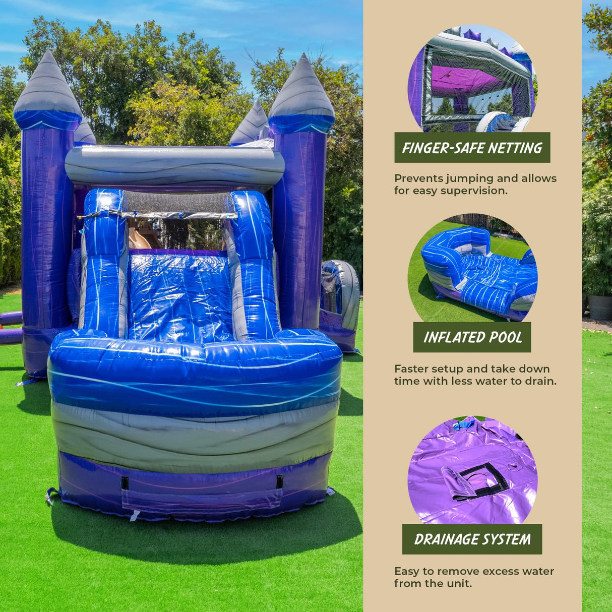 XJUMP Purplish Castle Commercial Grade Premium Marble Color Lightweight Bounce House Water Slide Detachable Pool for Kids and Adults with Blower Basketball Hoop Wet Dry Combo Outdoor Indoor XJUMP