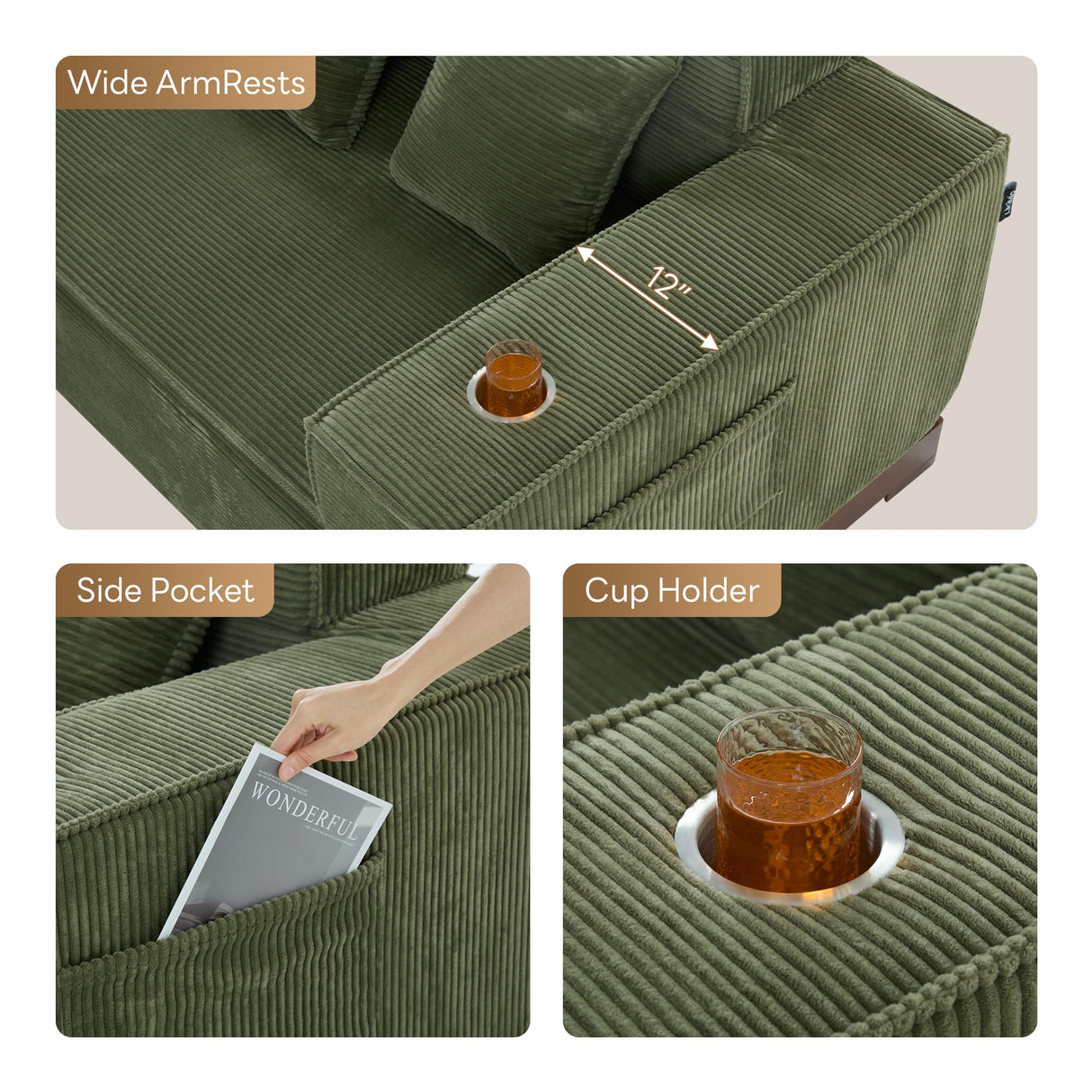 LIKIMIO 110” L-Shaped Sofa with LED Lights, Cloud Boneless Couch with Oversized Chaise, Deep Seat, Built-in Holder & Storage Pocket, Upholstered Couches for Living Room and Apartment, Green LIKIMIO