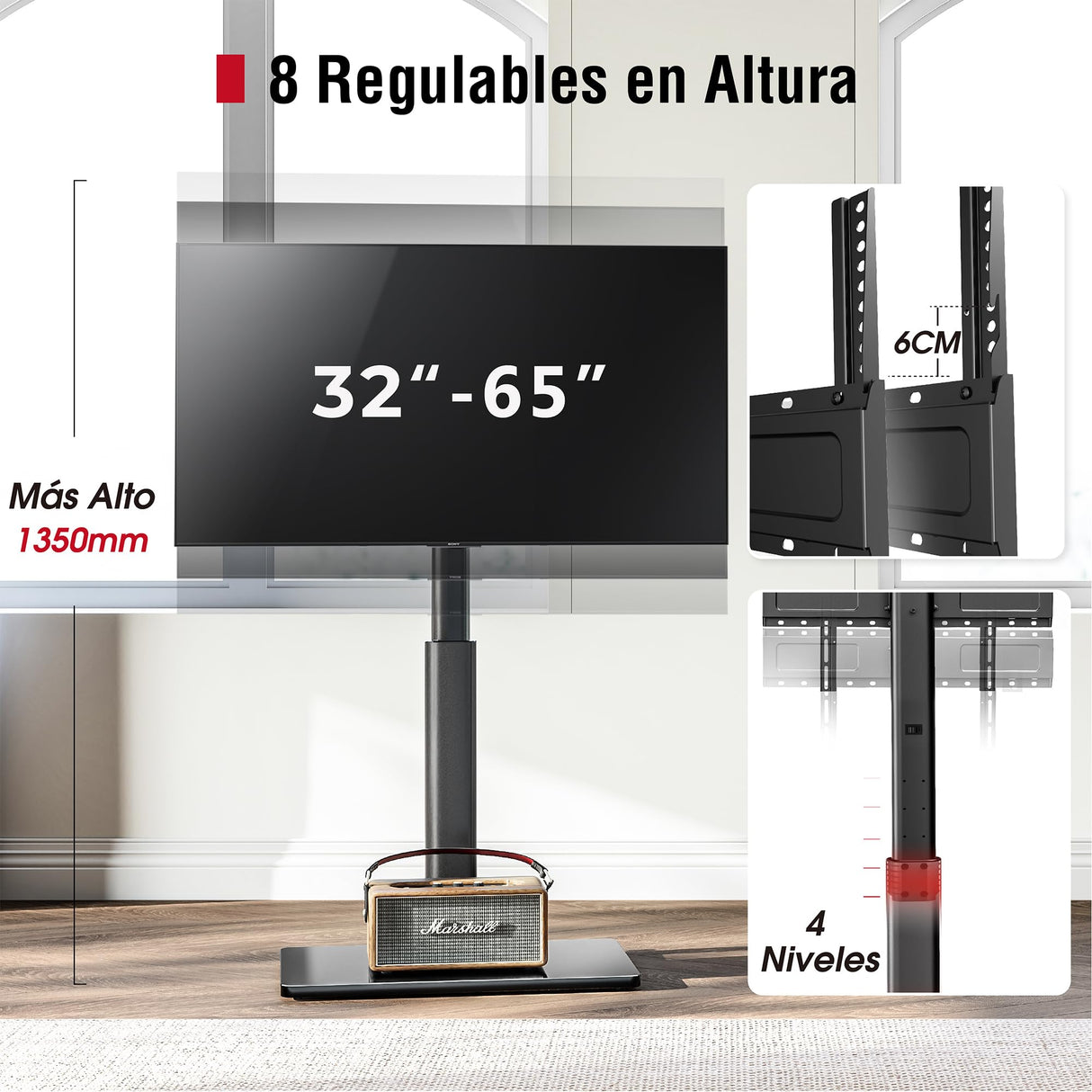 AOKCOS Floor TV Stand with 60-Degree Swivel, TV Floor Stand for 32-65 inch TVs up to 88lbs with Tilt, 8 Level Height Adjustable Tall TV Mount Stand with Shelf, Tempered Glass Base, MAX VESA 400x400mm AOKCOS