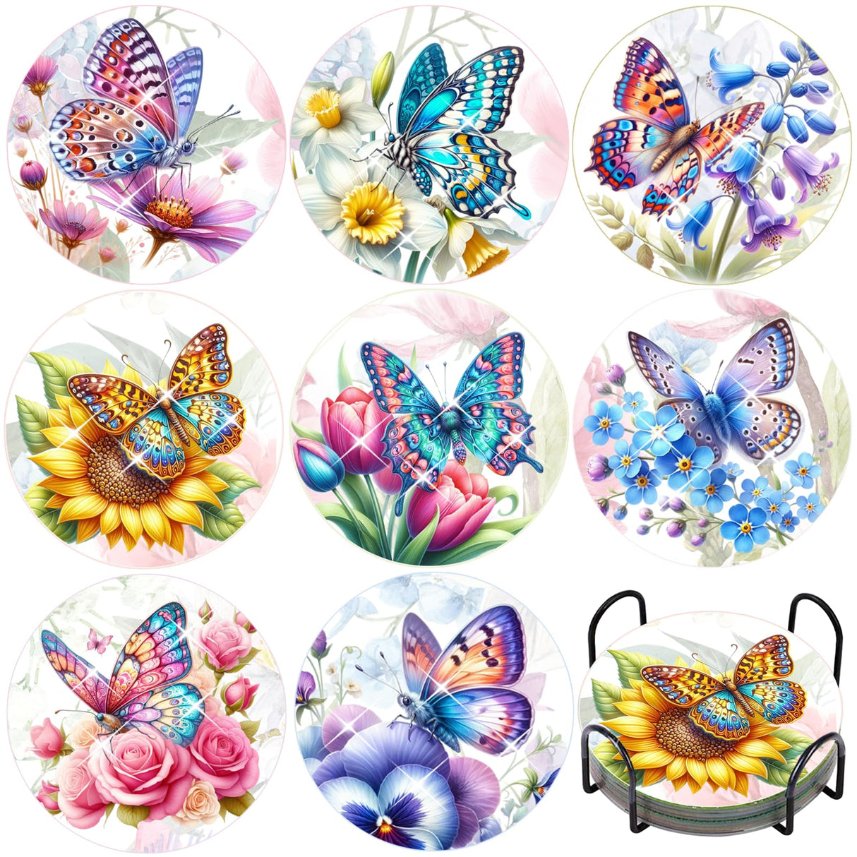 TDOOW Diamond Art Painting Coasters Kit, 8 Pcs Colorful Butterfly Diamond Art Coasters with Holder, DIY Diamond Painting for Adults Beginners TDOOW