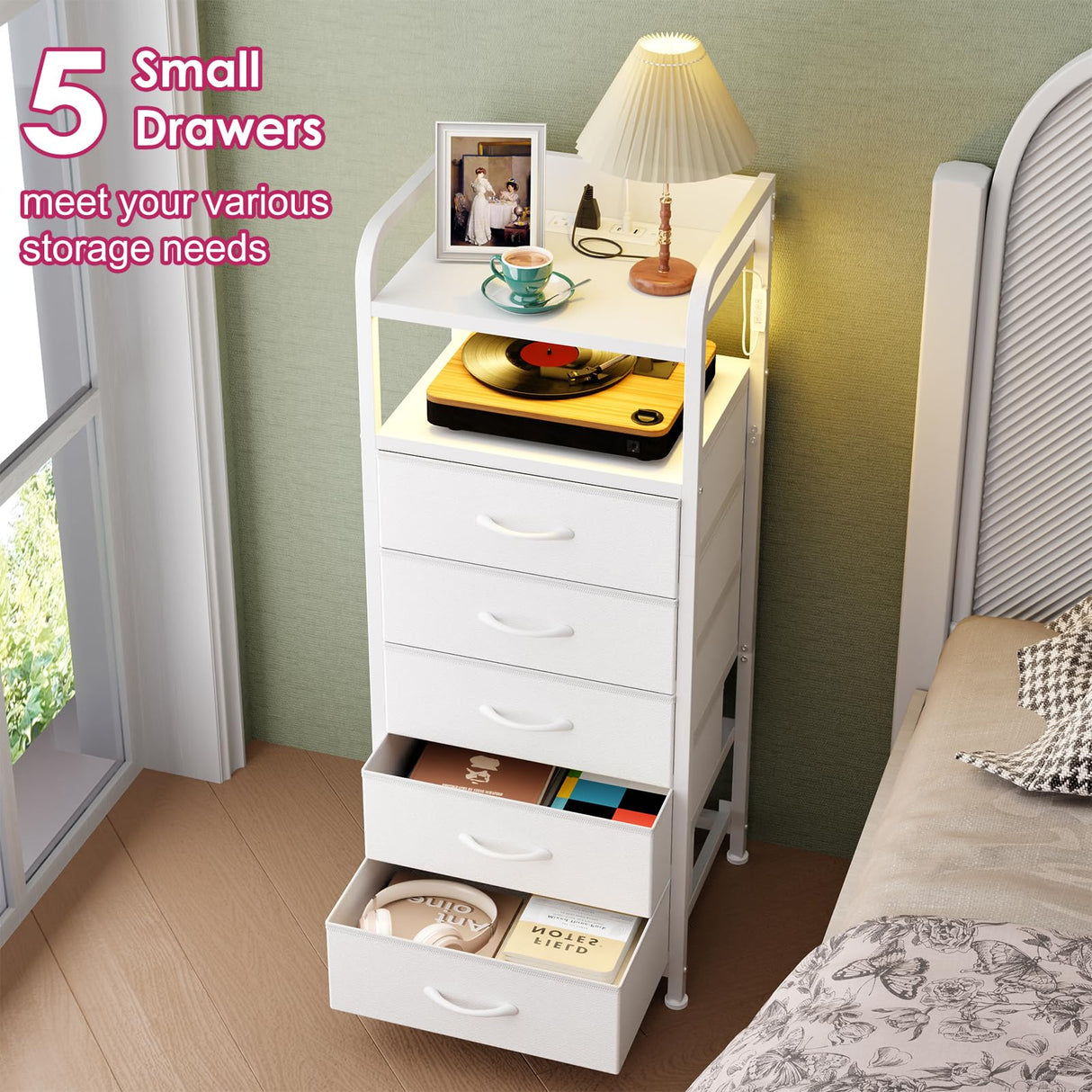 Fixwal Tall Dresser with 5 Drawers for Bedroom, 40 Inch LED Tall Nightstand with Charging Station, Night Stand White Dresser with PU Finish, Bedside Table for Dorm Fixwal