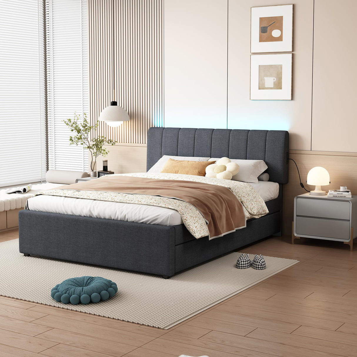 YOPTO Full Size Upholstered Platform Bed with Twin Size Trundle & USB Port,Linen Tufted Bed Frame W/Remote Control LED Light & Stripe Headboard,Wood Slats Support for Bedroom,Apartment,Dark Gray YOPTO