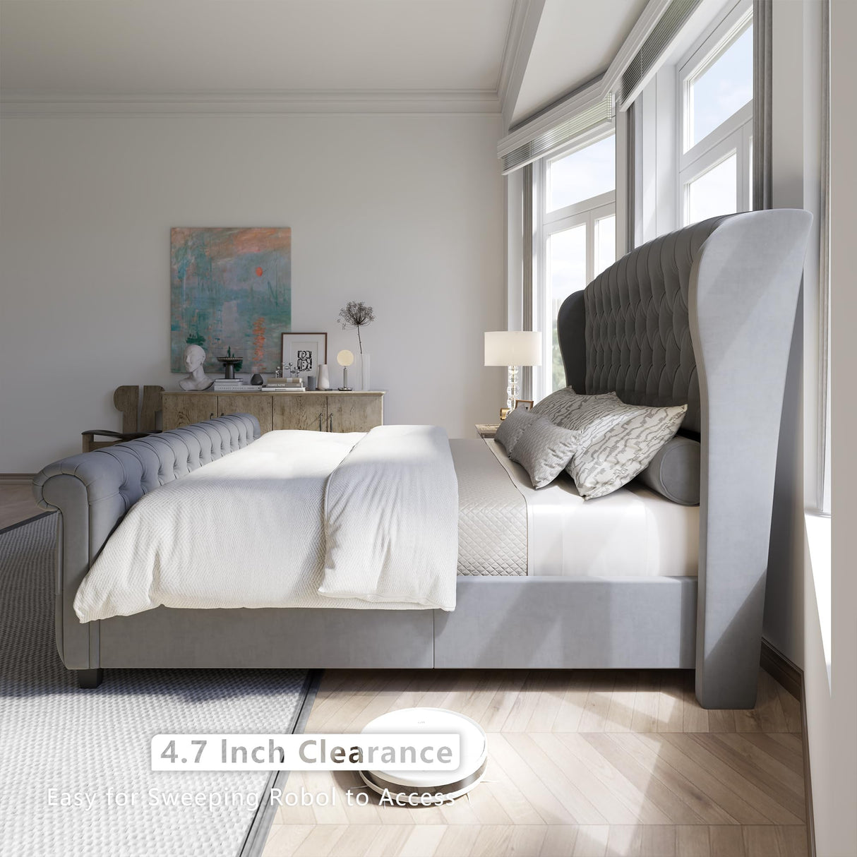 AMERLIFE King Size Platform Bed Frame, Velvet Upholstered Sleigh Bed with Scroll Wingback Headboard & Footboard/Button Tufted/No Box Spring Required/Grey AMERLIFE