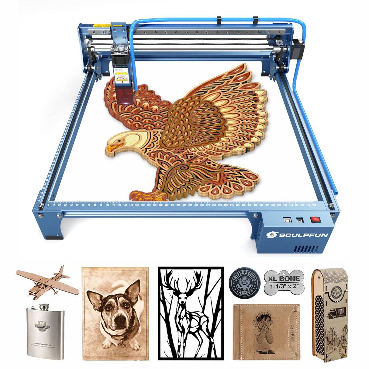 S10 Laser Engraver, 10W Optical Power Higher Accuracy Laser Cutter and Engraving Machine with Industrial X-axis Linear Slide Rail and Air Assist Nozzle Tube for Wood Metal SCULPFUN