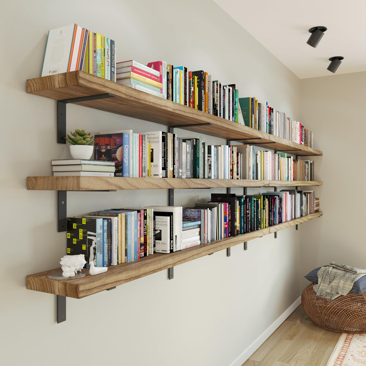 Wallniture Cervo 72"x9.5" Floating Shelves for Wall, Living Room Wall Book Shelf, Kitchen Floating Shelves with Metal Heavy Duty Brackets, Burnt Finish, Wood Set of 2 Wallniture