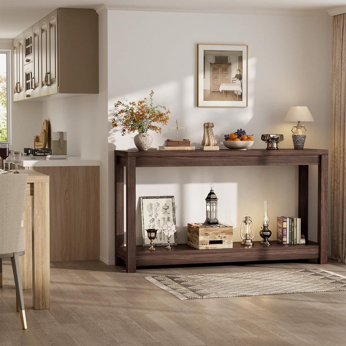 Besiost 47" Farmhouse Wood Entryway Table Narrow Console Table with Storage Behind Couch Sofa Table with Shelves Entry Way Tables with Open Storage, Easy Assembly, Black Walnut Besiost