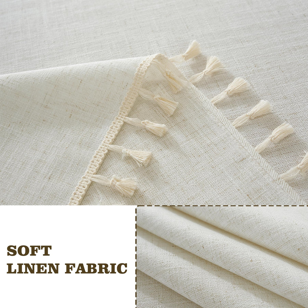 Alsoo Table Cloth Rectangle Table Heavy Duty Cotton Linen Texture Tablecloth Farmhouse Waterproof Wrinkle Free Table Cover with Ivory Tassel for Kitchen Dining Holiday Party, Ivory, 55" x 75" Alsoo
