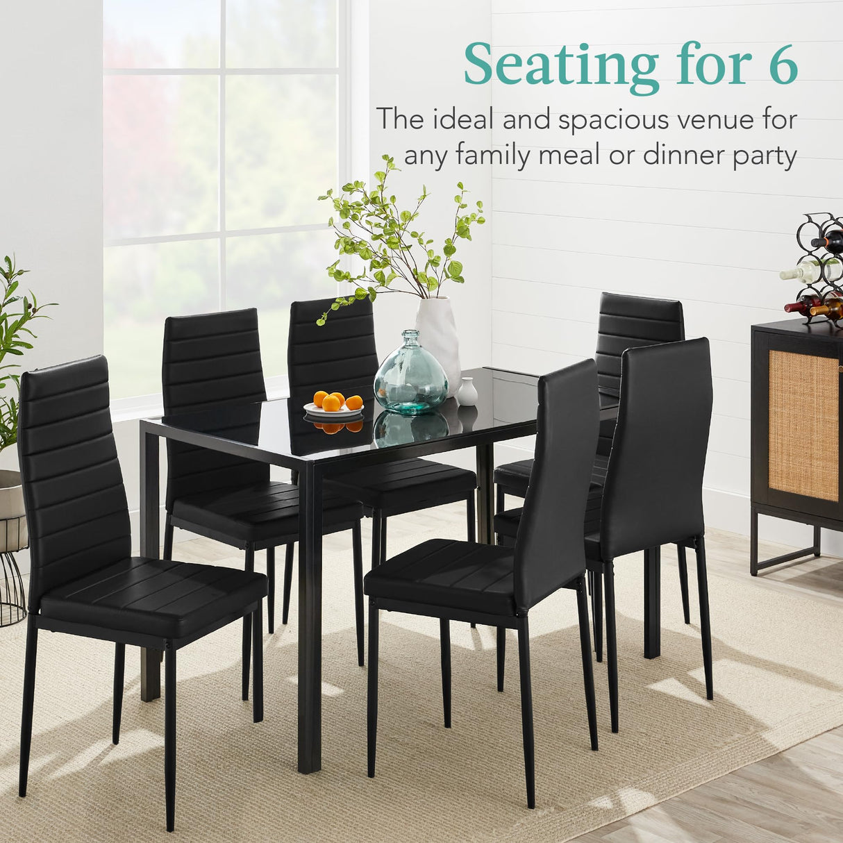 Best Choice Products 7-Piece Glass Dining Set, Modern Kitchen Table Furniture for Dining Room, Dinette, Compact Space-Saving w/Glass Tabletop, 6 Upholstered PU Chairs, Metal Steel Frame - Black Best Choice Products