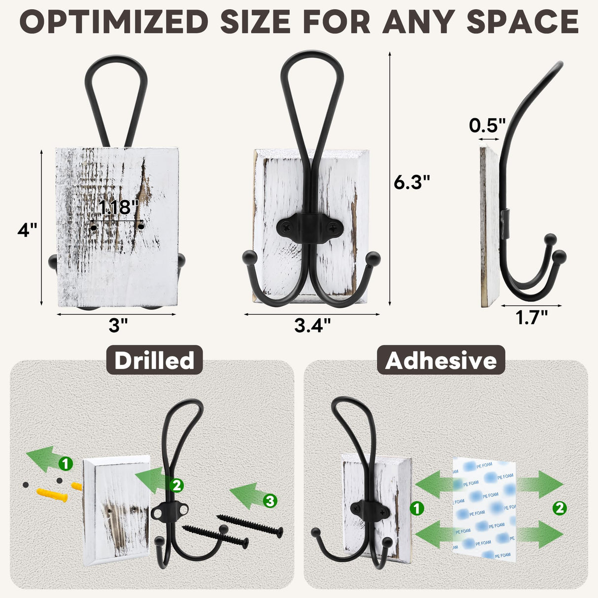 Rzoklot 2-Pack Rustic Wood Wall Hooks - Wall Mounted or Adhesive Coat Rack for Bathroom Towels Robes - Farmhouse Modern Decorative Entryway Hangers for Hats Keys Purses Bags, White Rzoklot