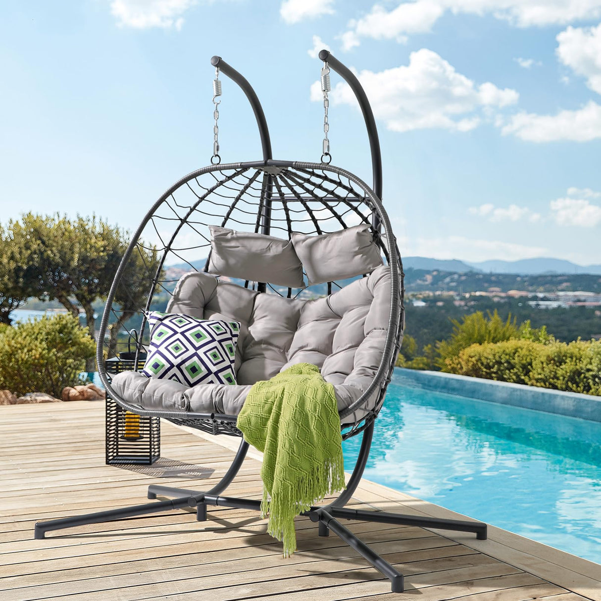 Patiorama 2 Person Double Egg Swing Chair with Stand Indoor Outdoor, Patio Wicker Rattan Hanging Egg Chair w/Cushion, Pillow, Foldable Hammock Chair 550lbs for Bedroom, Balcony, Garden (Light Grey) Patiorama