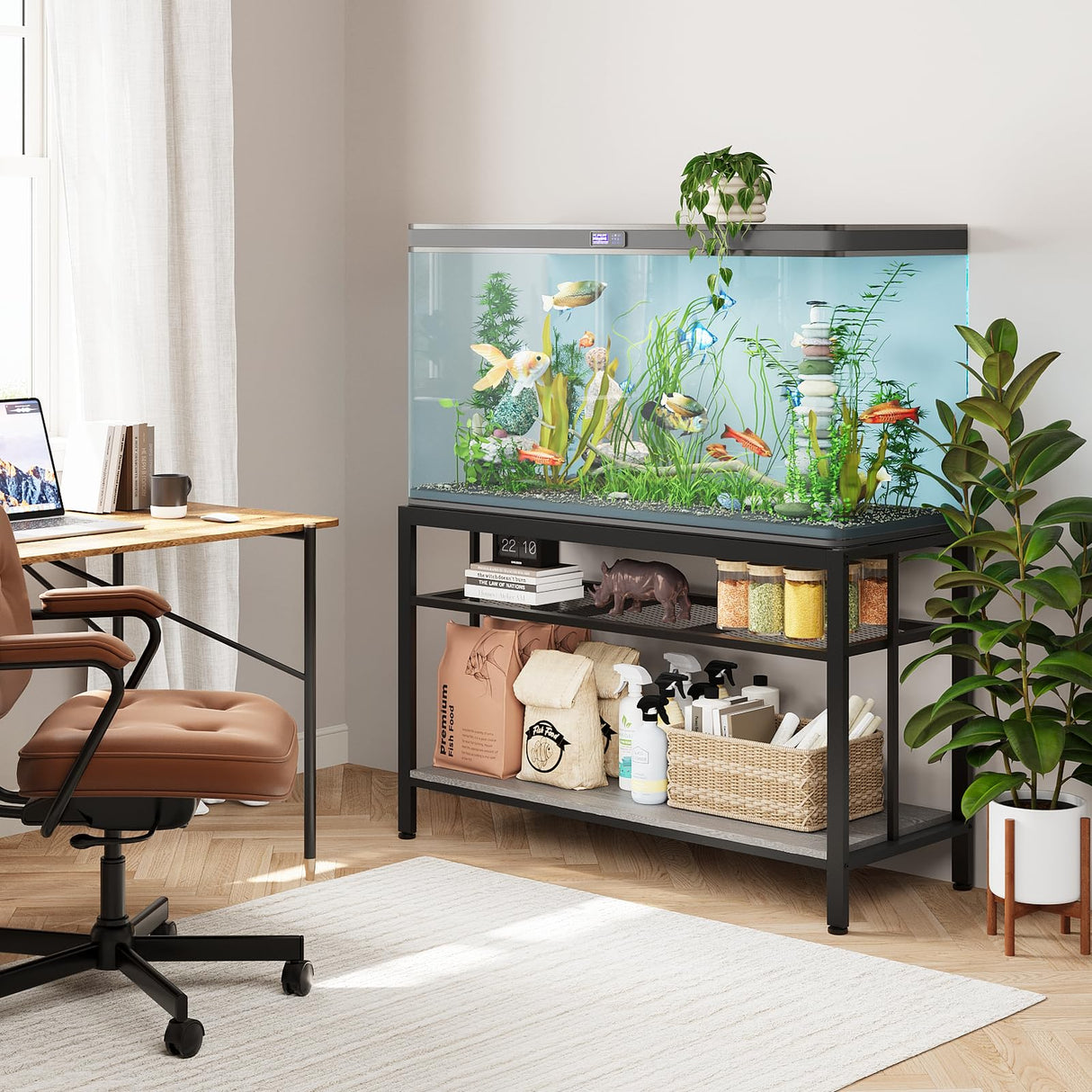 VOWNER 55-75 Gallon Fish Tank Stand - Metal Aquarium Stand, 48.4" L x 18.5" W x 29.5" H, Heavy Duty Reptile Tank Stand, Adjustable 3-Tier Fish Tank Rack Shelf for Home Office, 1000LBS Capacity, Grey VOWNER