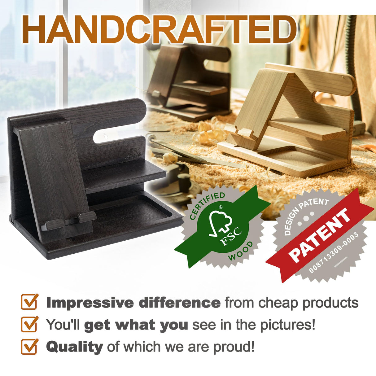 TESLYAR Wood Phone Docking Station for Men - Desktop or Nightstand Organizer - Birthday Gifts for Men, Dad - Anniversary Idea from Wife - Key Holder, Stand Wallet, Watch & Essentials (Fumed Black) TESLYAR