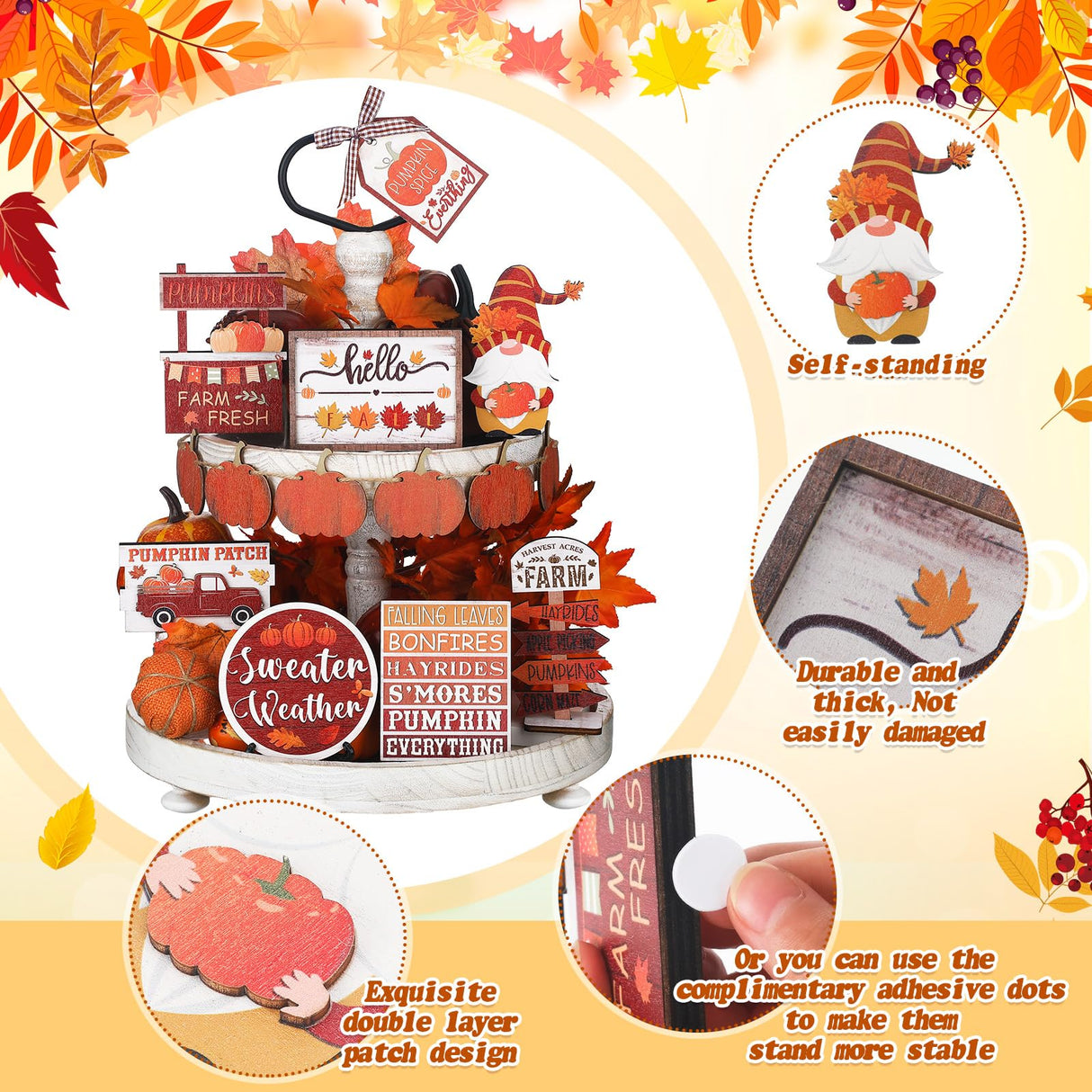 Amyhill 13 Pcs Fall Thanksgiving Tiered Tray Decor Set Pumpkin Maple Gnome Wooden Signs Hello Fall Table Centerpieces Farmhouse Tabletop Decorations for Home Autumn Harvest Shelf Table Amyhill