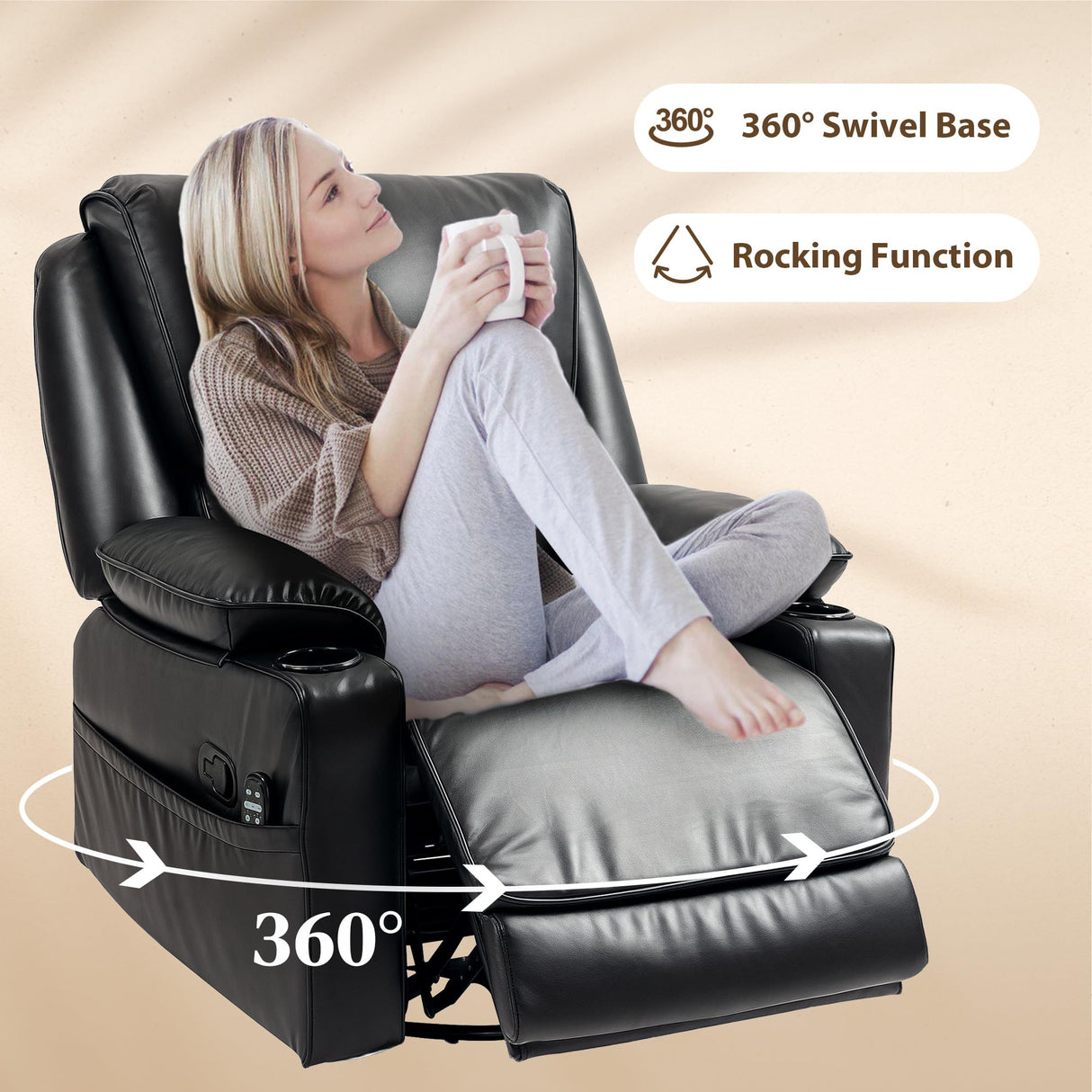 HOMCOM Swivel Rocker Recliner Chair with Vibration Massage and Heat, Oversized PU Leather Ergonomic Lounge Chair with Footrest, Remote, Cup Holders and Side Pockets for Living Room, Black HOMCOM