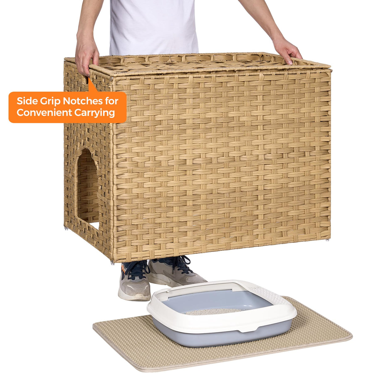 Cat Litter Box Enclosure with Litter Trapping Mat; Handwoven Plastic Rattan Cat House; No Installation Hidden Cat Washroom; Pet Crate for Balcony,Bedroom,Living Room Honiakaka
