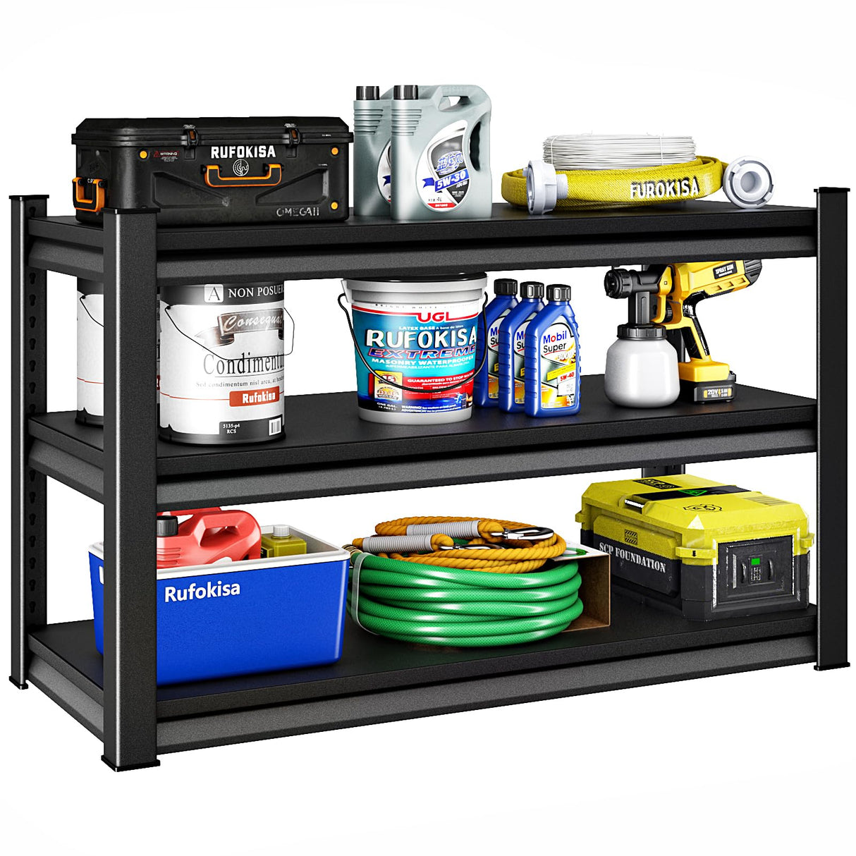 Rufokisa 48" W 3-Tier Garage Shelving Heavy Duty, 1680LBS Loads Garage Storage Shelves, Metal Shelving Units and Storage Racks, Industrial Utility Shelf Heavy Duty,48" Wx16 Dx39 H, Black Rufokisa
