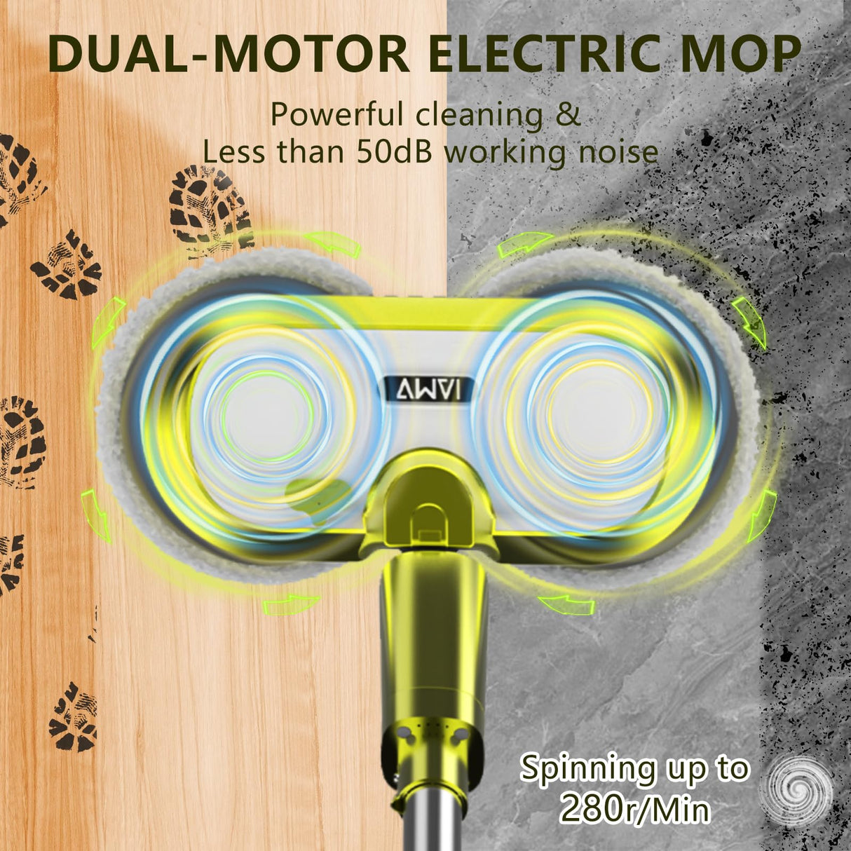 Cordless Electric Mop, Electric Spin Mop with LED Headlight and Water Spray, Up to 60 mins Powerful Floor Cleaner with 300ml Water Tank & Detachable Battery, Super Quiet Cleaning & Waxing VMAI