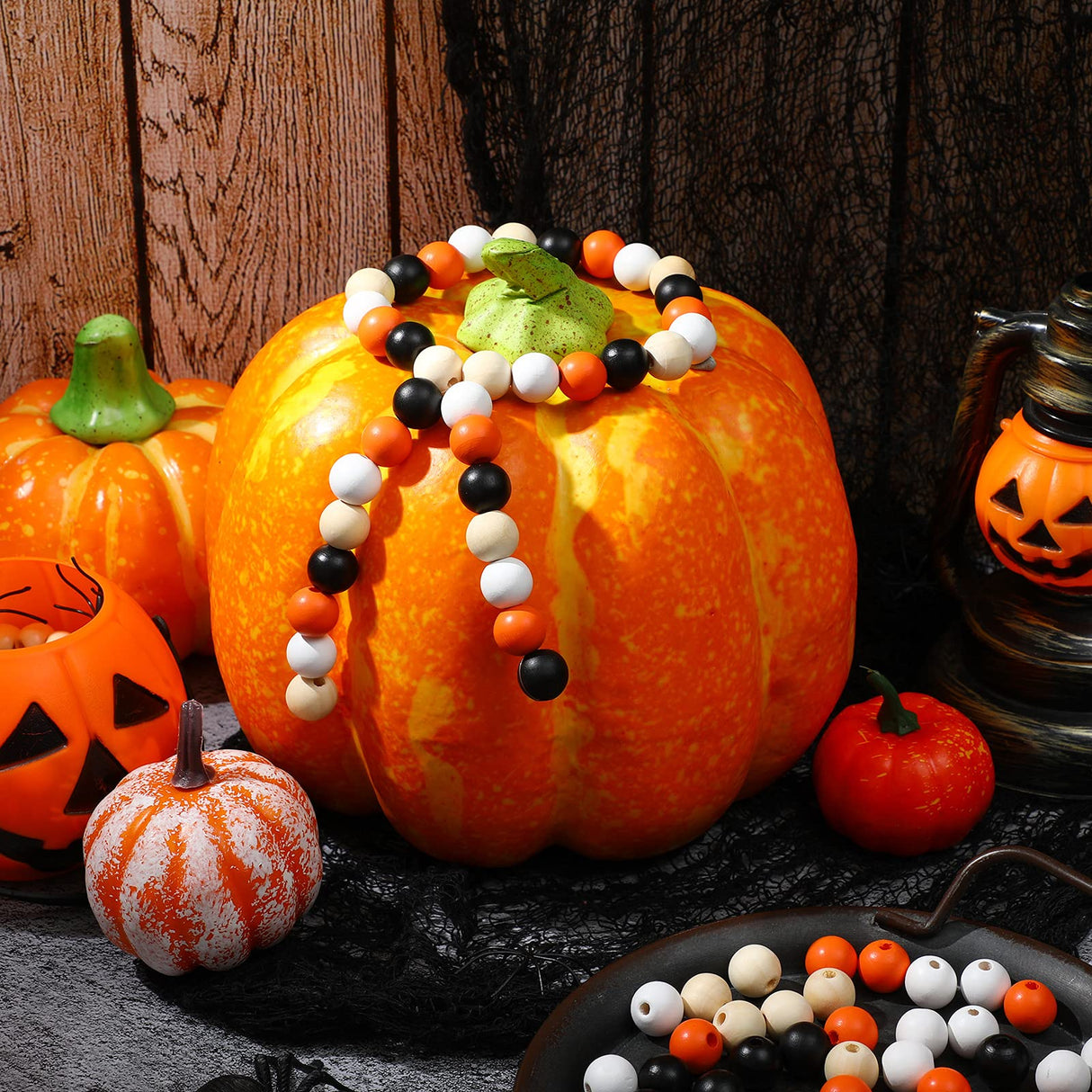 160 Pieces Wood Bead for Craft Halloween Natural Wooden Beads Rustic Farmhouse Handmade Polished Spacer Boho Bead Colorful Bead for Halloween Garlands DIY (Stylish Colors) Jetec