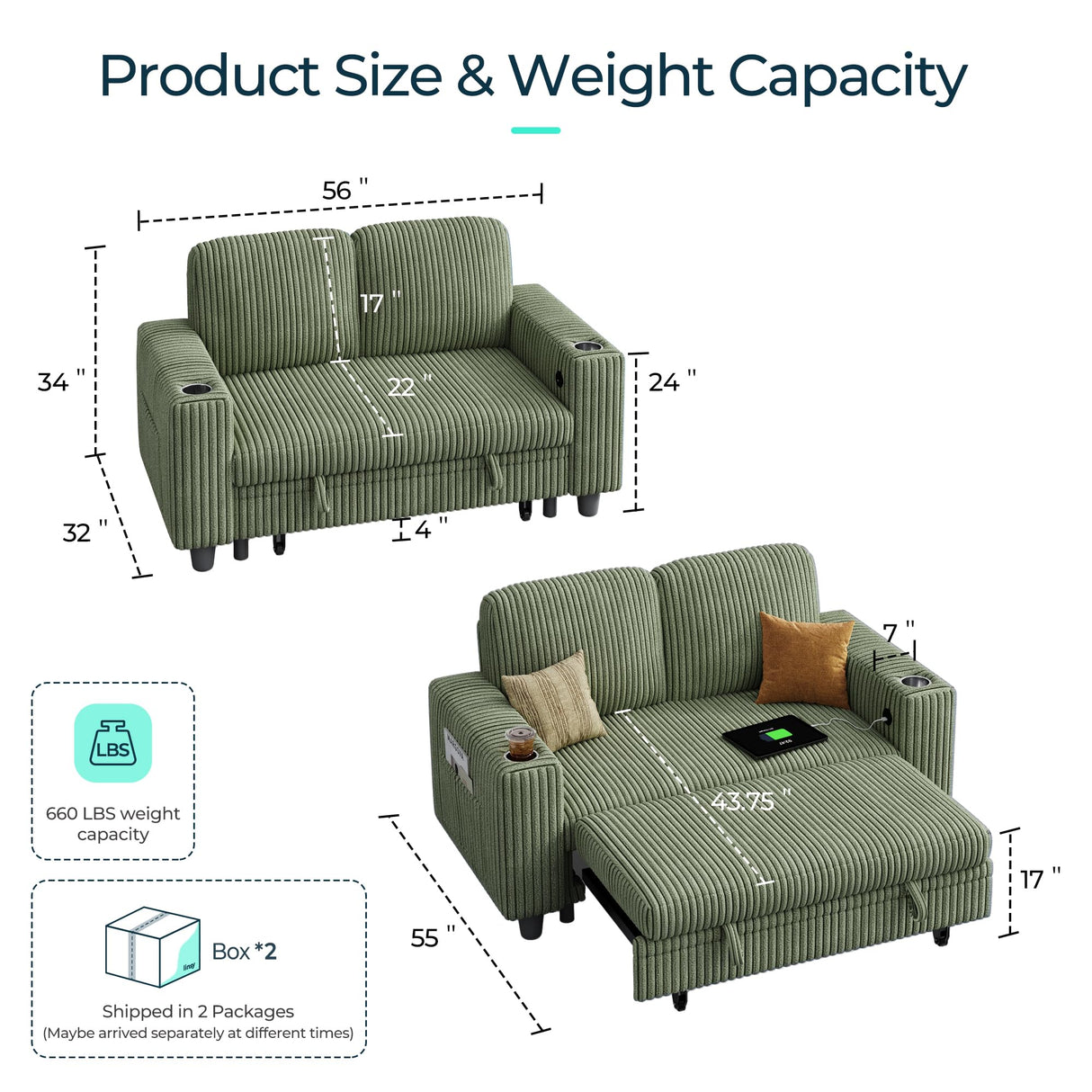 LINSY HOME Loveseat Sofa with Pull Out Couch Chaise: 2-in-1 Convertible 2 Seater Sofa with USB Charging & Cup Holders, Comfy Plush Corduroy Love Seat for Small Spaces Living Room Apartment, Green LINSY HOME
