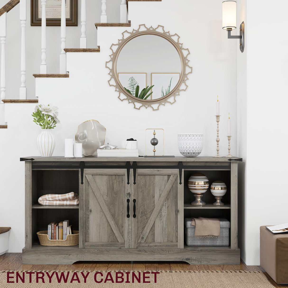 HOMCOM TV Stand Cabinet for TVs up to 65 Inch, Entertainment Center with Charging Station, 59" Farmhouse Media TV Console Table with Sliding Barn Doors, Adjustable Shelves, Gray HOMCOM