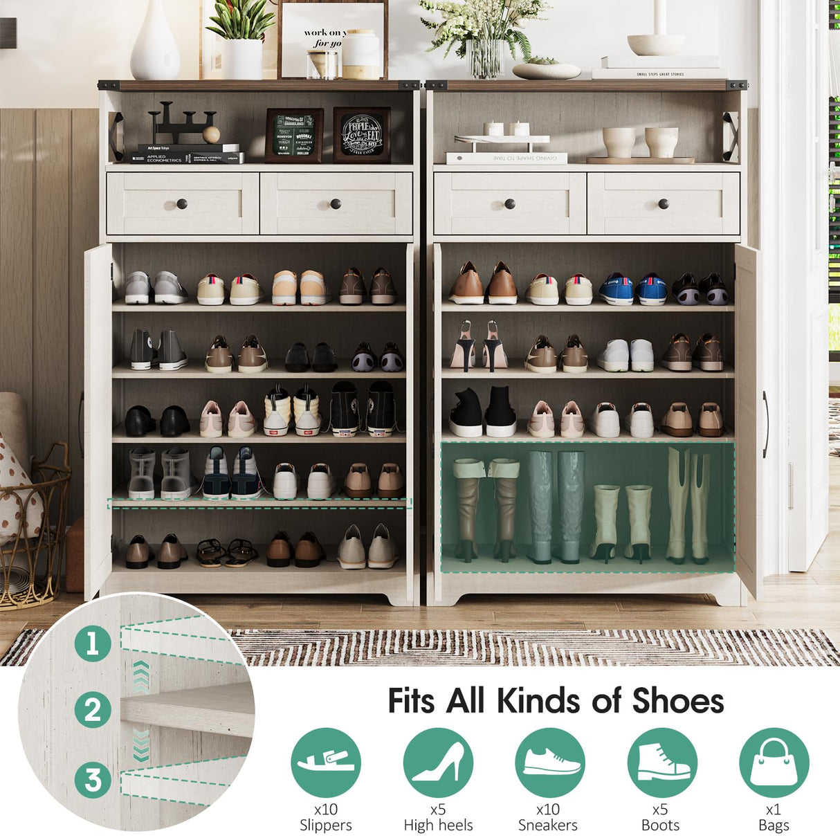 Maupvit 5-Tier Shoe Cabinet with Doors, Farmhouse Storage Cabinet with 2 Drawers & Adjustable Shelves, Shoe Cabinet Storage for Entryway,Wood Shoe Rack Organizer Cabinet for Living Room Foyer Hallway Maupvit